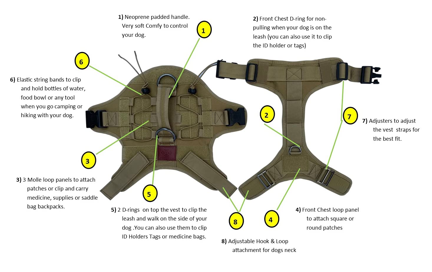Albcorp Tactical Dog Harness - Heavy Duty, No-Pull Training Vest For Large Breeds, Military Service Dog Vest With Front Leash Clip, Hook & Loop Panels, Padded Handle – Coyote Brown, Medium