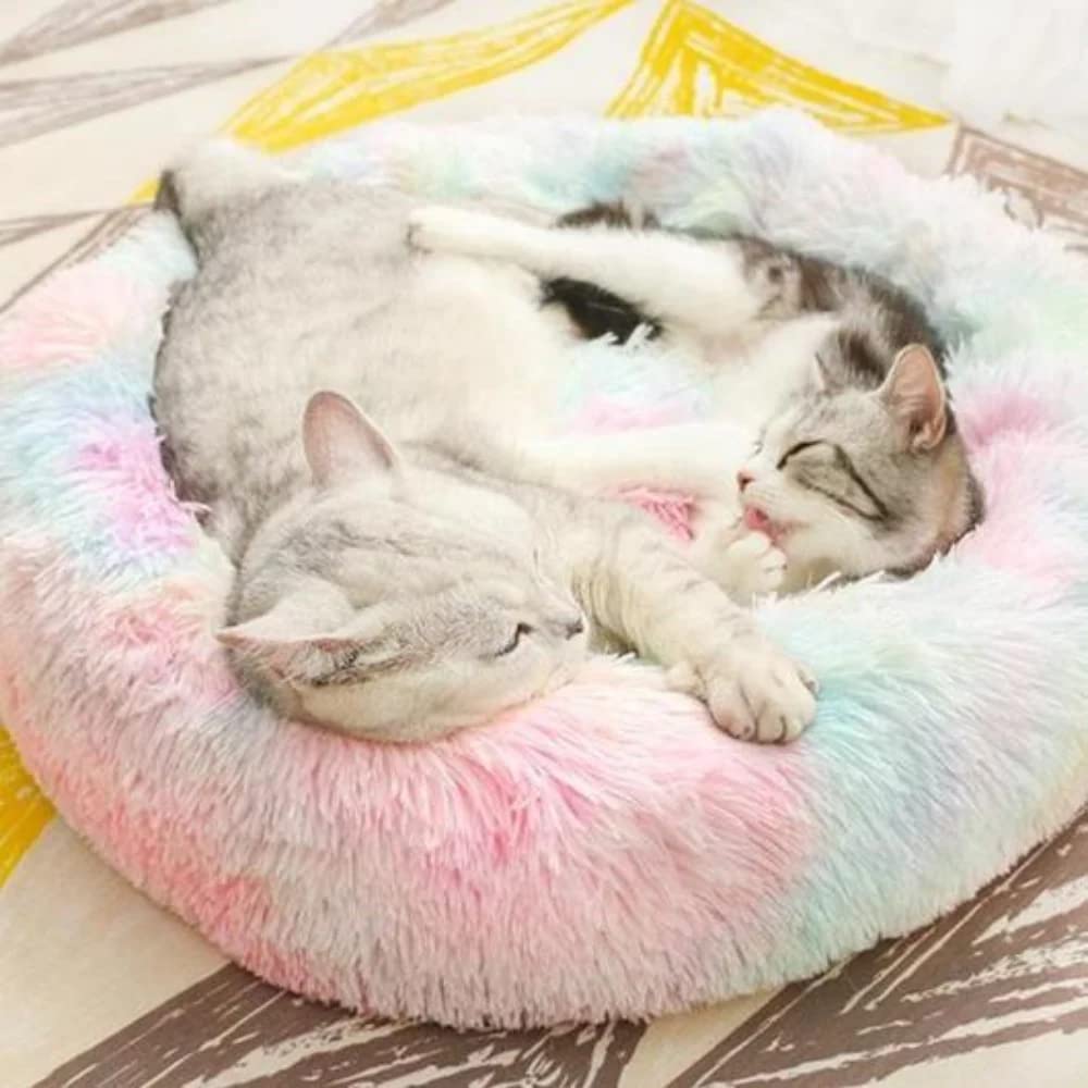 Cat Beds For Indoor Cats - Anti Anxiety Round Dog Beds For Small Medium Dogs, Fluffy Plush Faux Fur Pet Bed (Rainbow, Large 24''