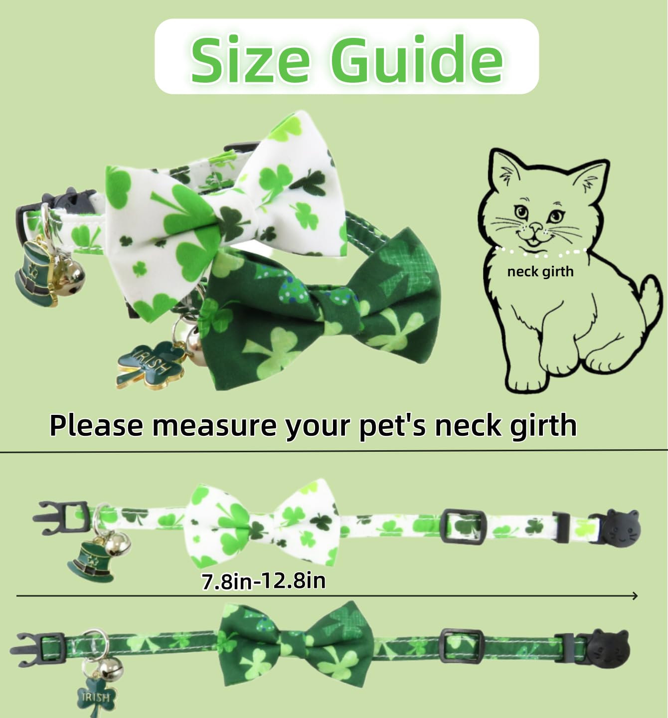 2 Pack St. Patrick'S Day Cat Collar With Bow Tie, Irish Shamrock Clover Cat Collar Breakaway Green With Bells For Boys And Girls
