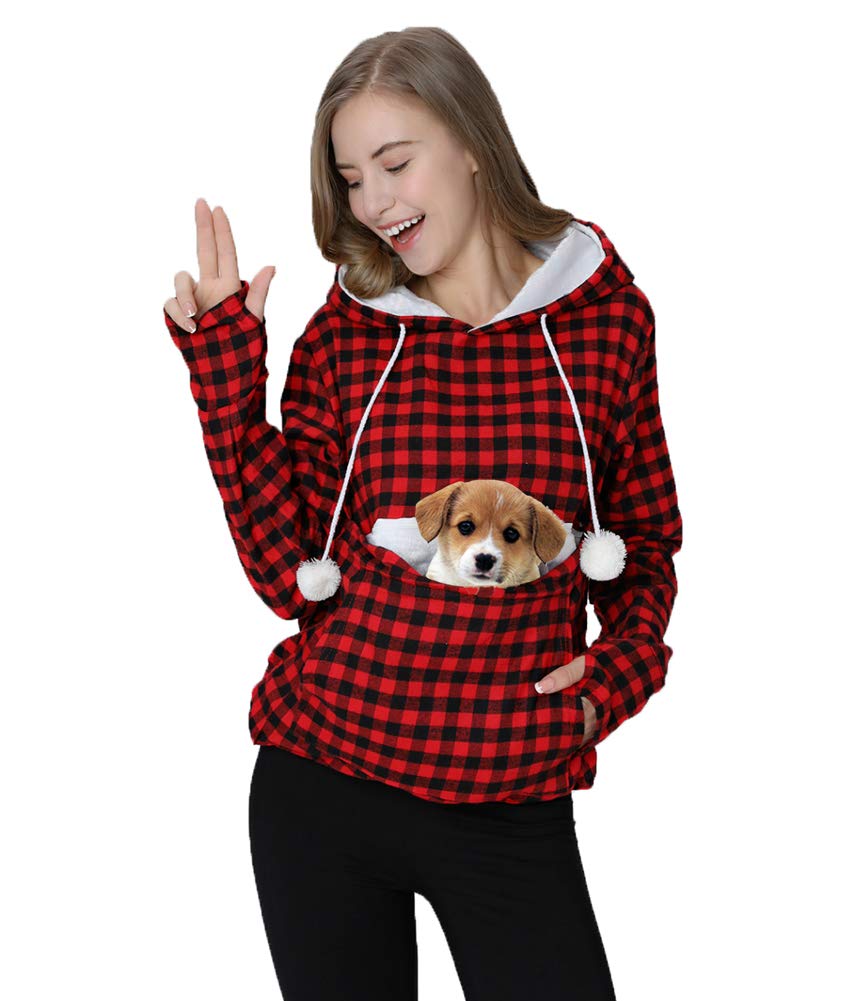 Jomago Womens Pet Carrier Thin Hoodies Kitten Puppy Pouch Shirts Animal Holder Hood Long Sleeve Sweatshirt Plaid Red