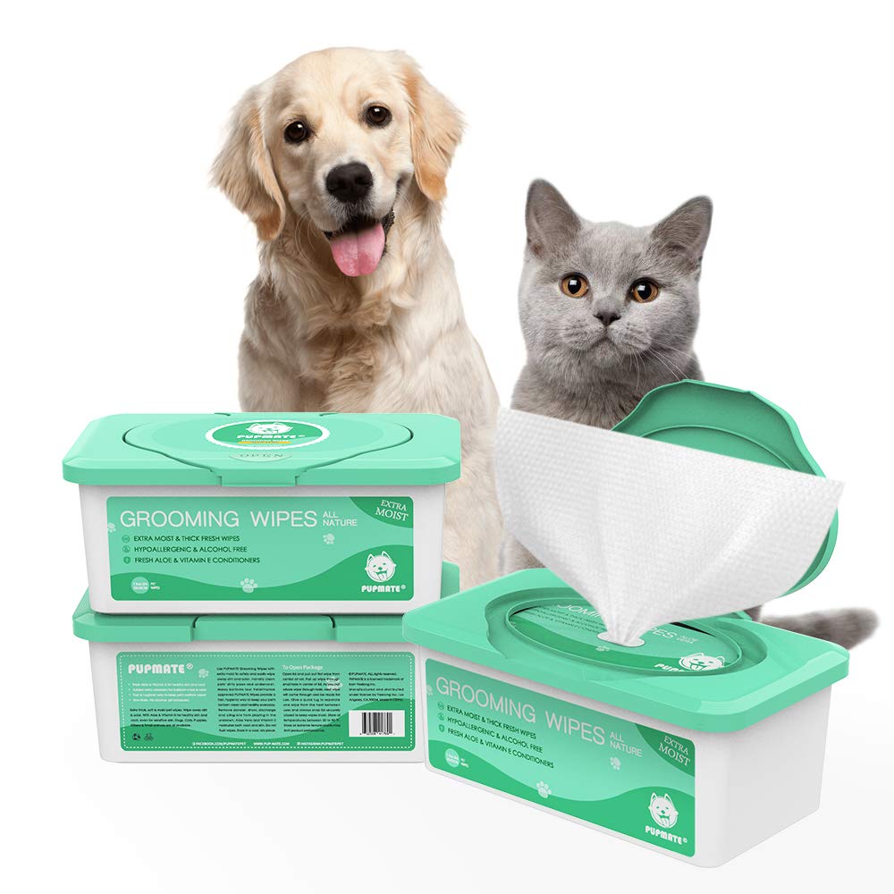PUPMATE Pet Wipes for Dogs & Cats, Extra Moist & Thick, 300 Counts, Aloe Vera, 3 Pack