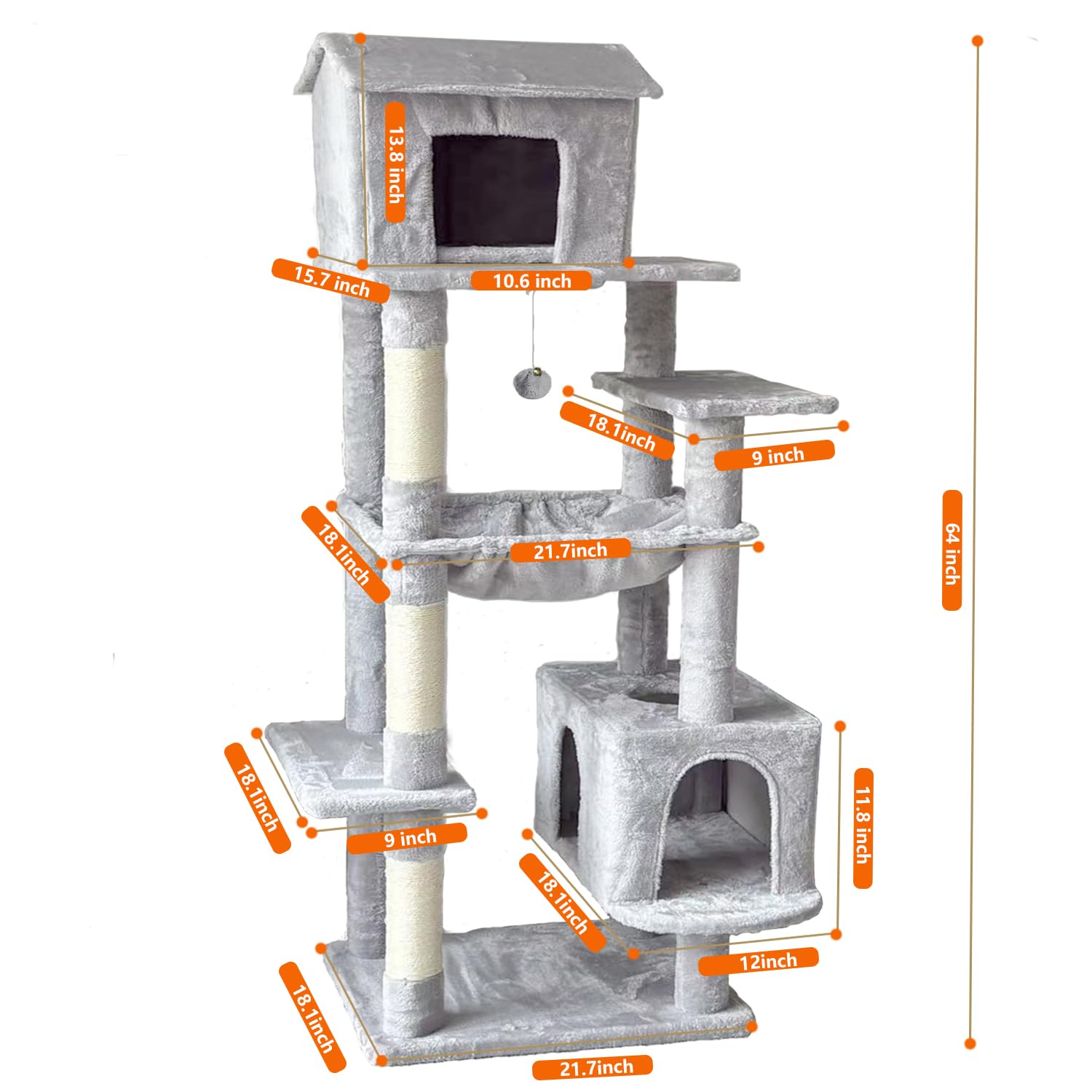 64 Inches Multi-Level Large Cat Tree Tower with Cat House for Indoor Cats/Cozy Perches/Cat Condo/Sisal Scratching Posts/Hammock/