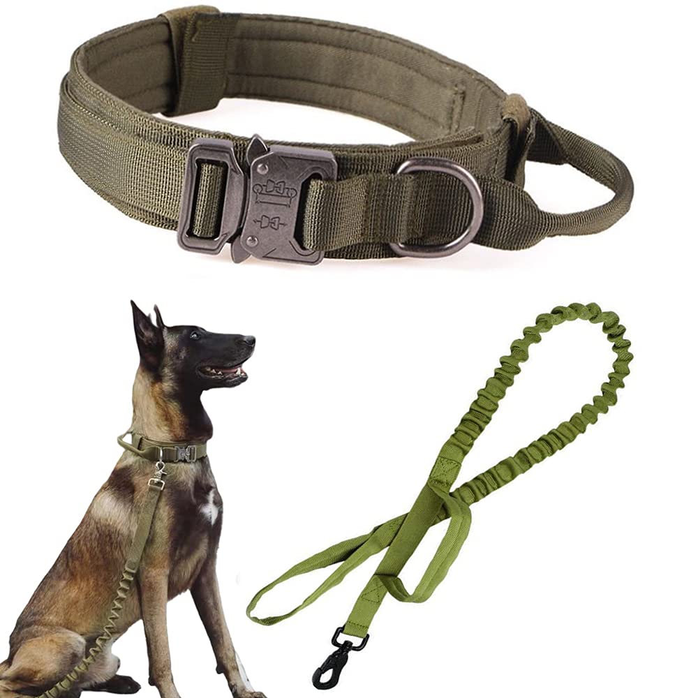 Tactical Dog Collar And Leash Set Tactical Dog Collar With Handle Bungee Leash Adjustable Military Training Nylon Collar Dog Training Collar Leash Set With Control Handleand Metal Buckle (Green L