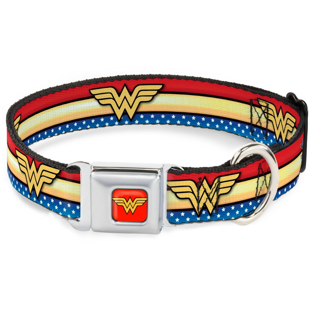 Dog Collar Seatbelt Buckle Wonder Woman Logo Stripe Stars Red Gold Blue White 15 To 26 Inches 1.0 Inch Wide