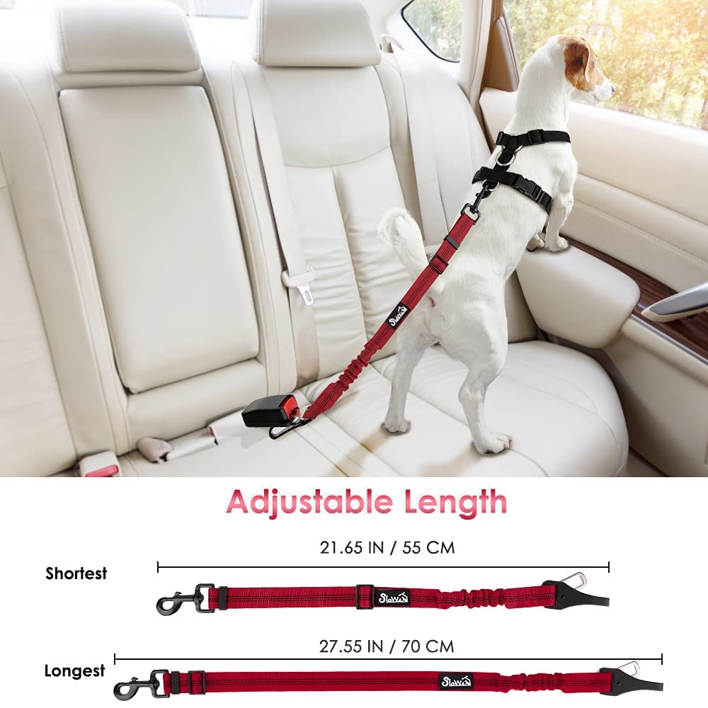 Slowton 2 Pack Dog Seat Belt, 2 In 1 Attachment, Hook Latch Bar Or Seatbelt Buckle With Elastic Nylon Bungee Buffer Adjustable Reflective Nylon Safety Belt Tether Connect To Dog Harness (2Pack-R)