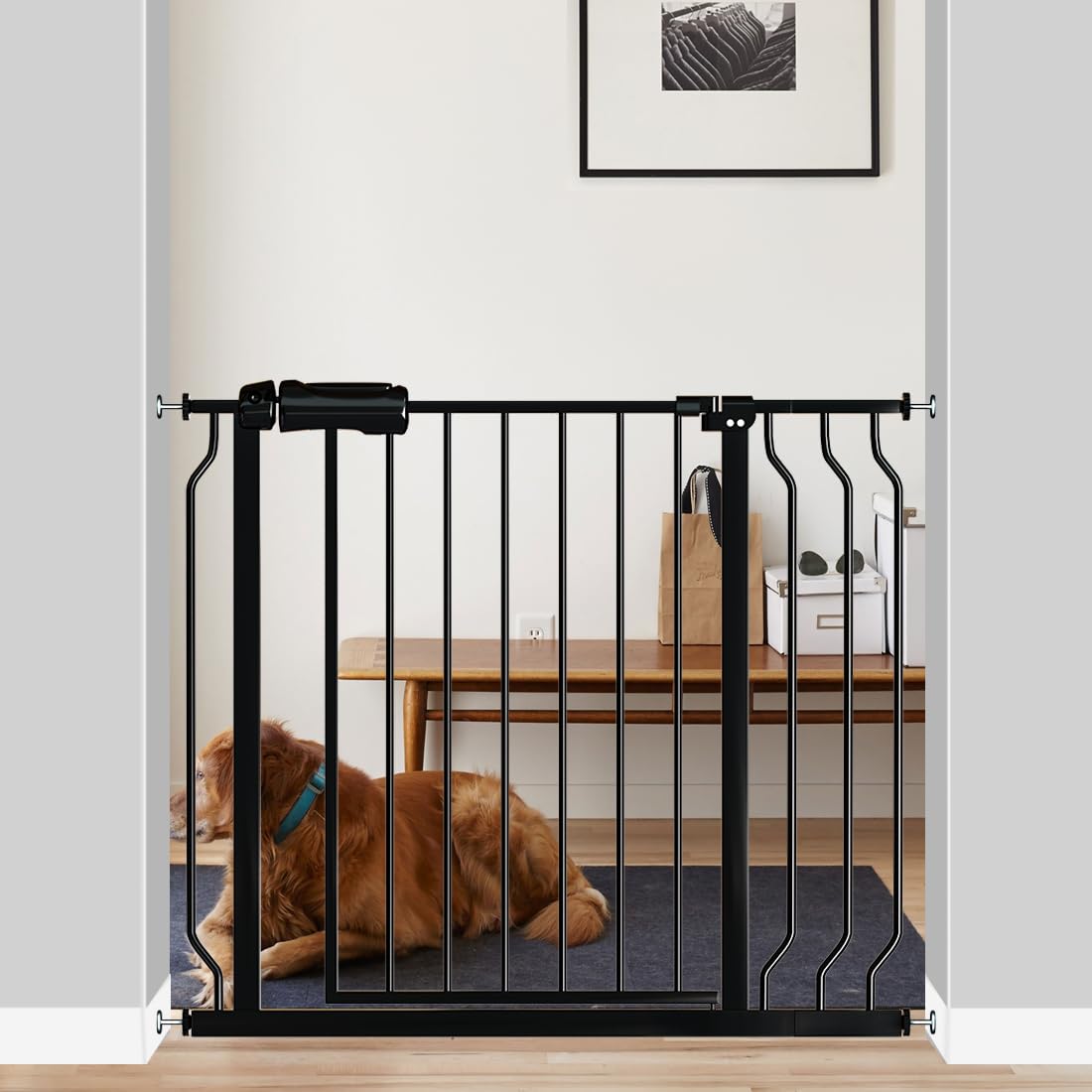Fairy Baby Walk Through Baby Gate 34-38.5 Inch Wide for Stairs, Pressure Mounted Safety Gate with Door No Drill, Tension Metal G