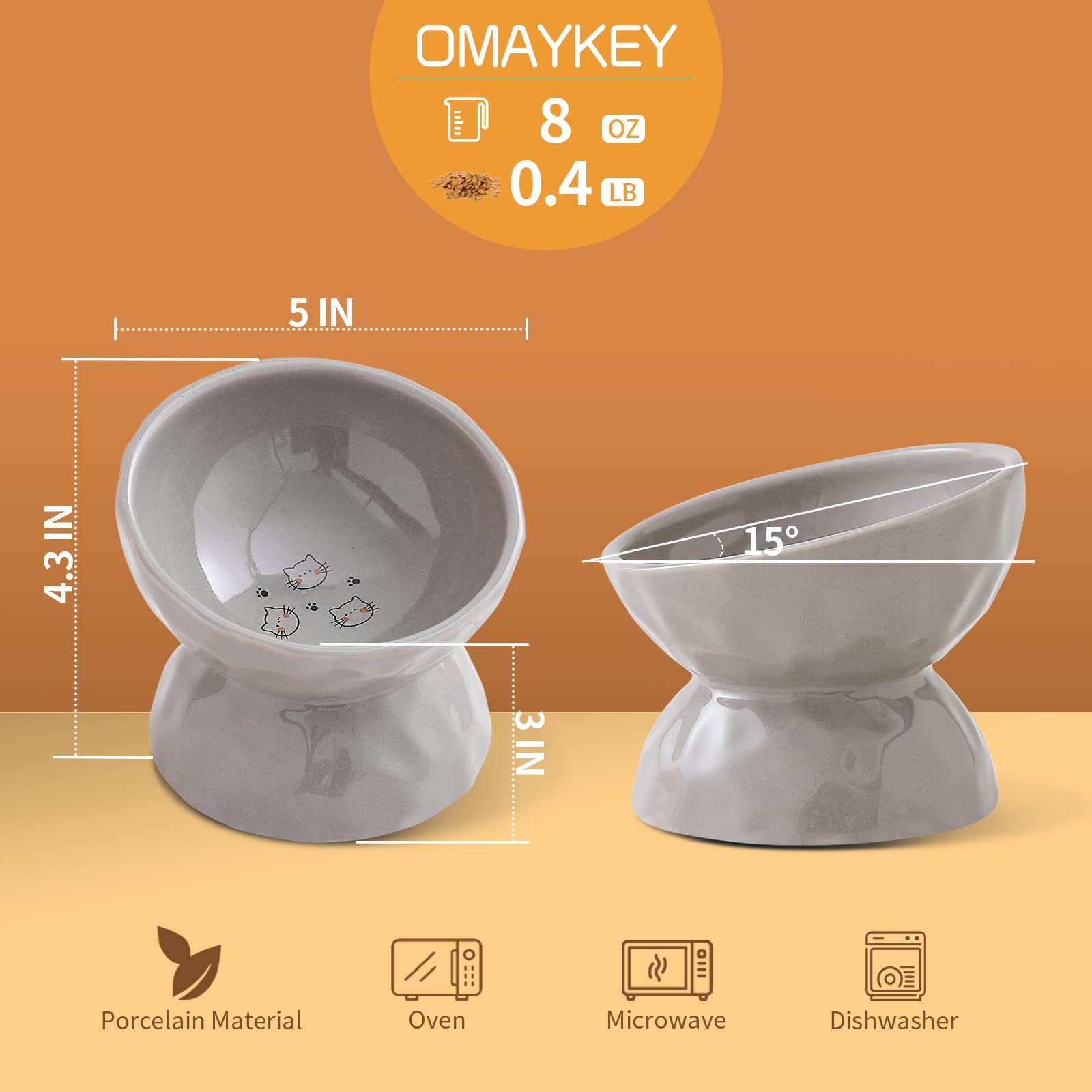 OMAYKEY Ceramic Raised Cat Bowls, Tilted Elevated Cat Food and Water Bowl Set, Porcelain Stress Free Pet Feeder Dish for Cats an