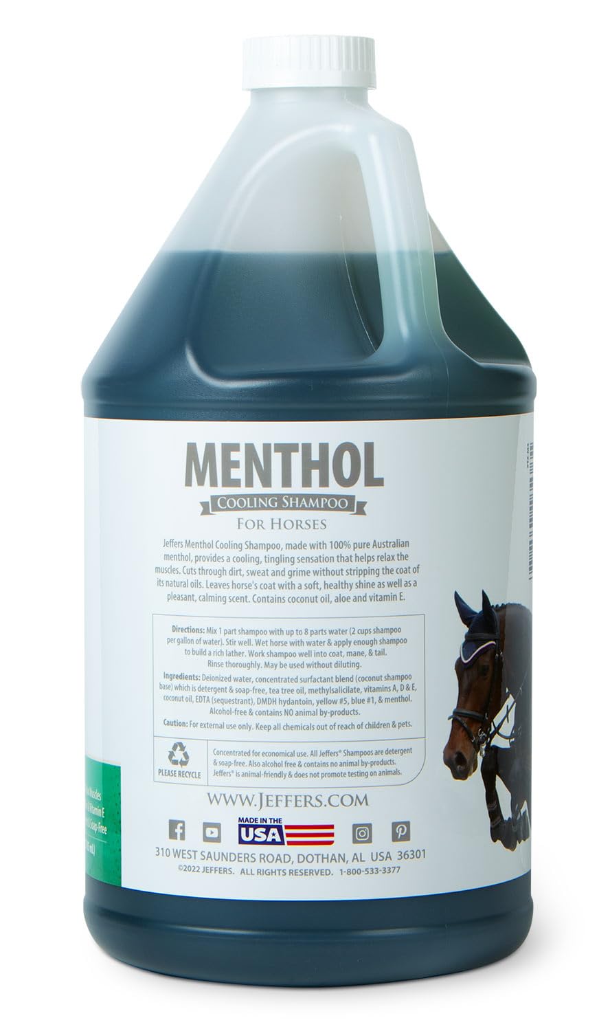 Jeffers Equine Menthol Cooling Horse Shampoo 1 Gallon - 100% Pure Australian Menthol, Coconut Oil, Aloe & Vitamin E - Moisturizi