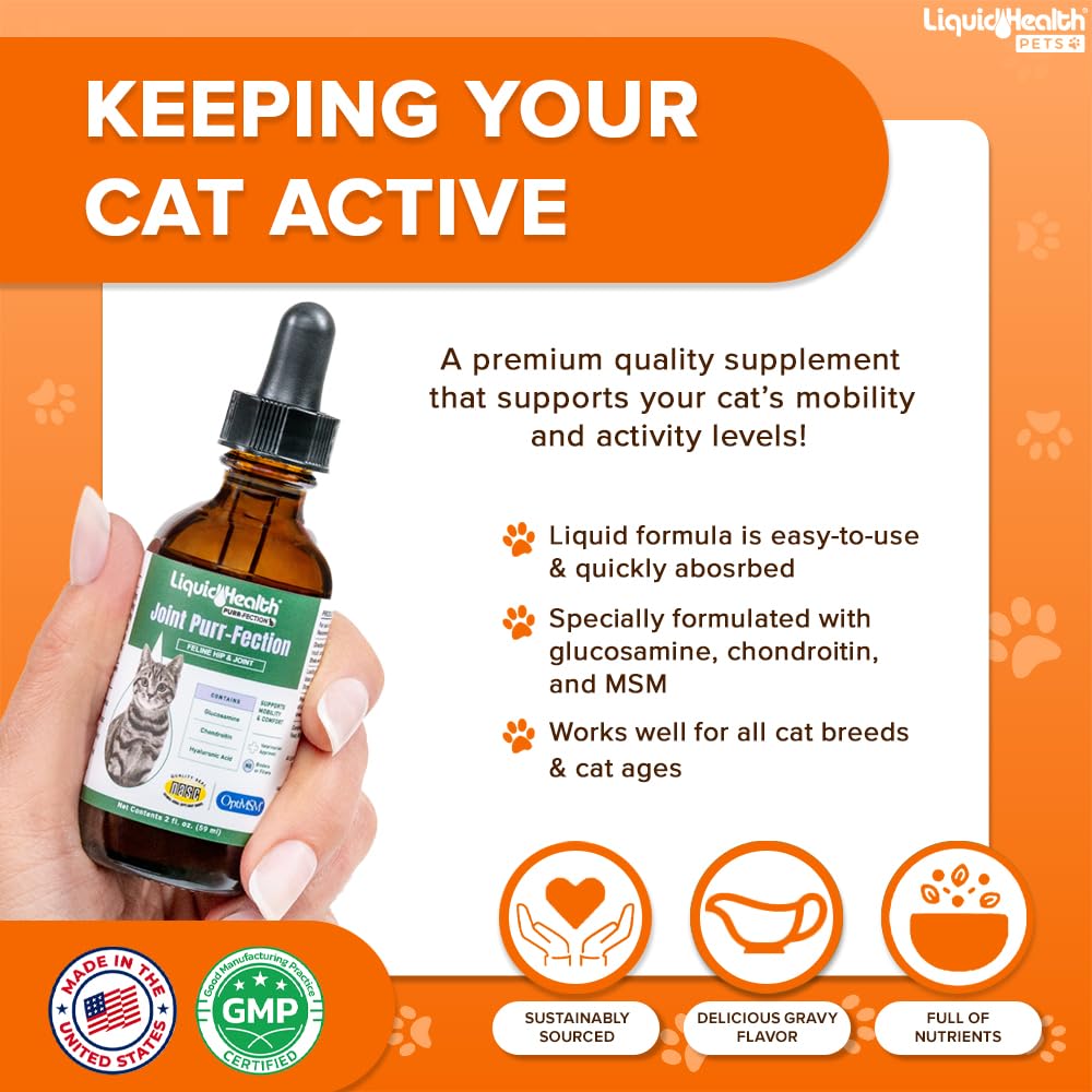 LIQUIDHEALTH Pets Liquid Cat Glucosamine Joint Purr-Fection - Hip & Joint Health Relief Support, Chondroitin Feline Droppers for
