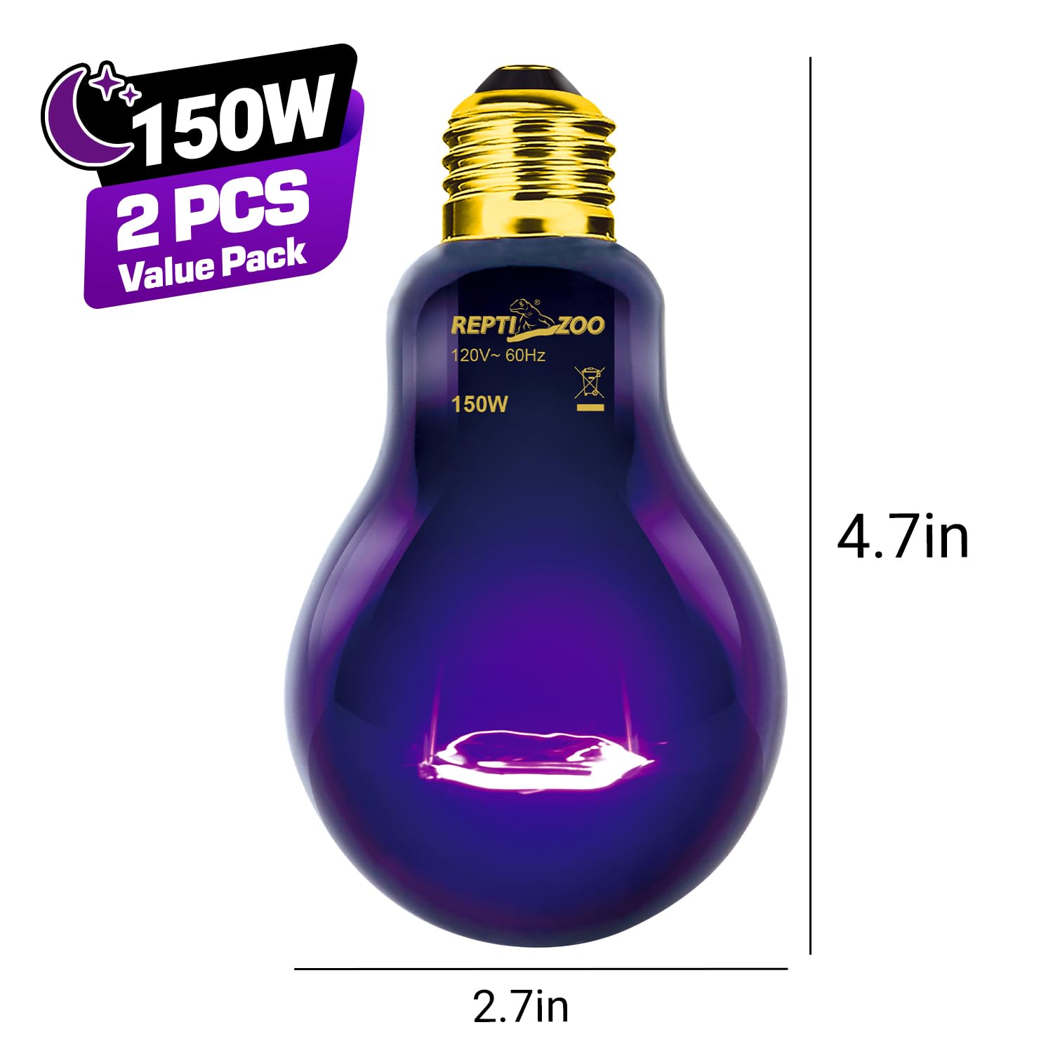 REPTI ZOO 150W Reptile Heat Lamp - Purple Infrared Moonlight Bulb, Model MHL150D, Simulates Natural Night Heat for Reptiles and Amphibians