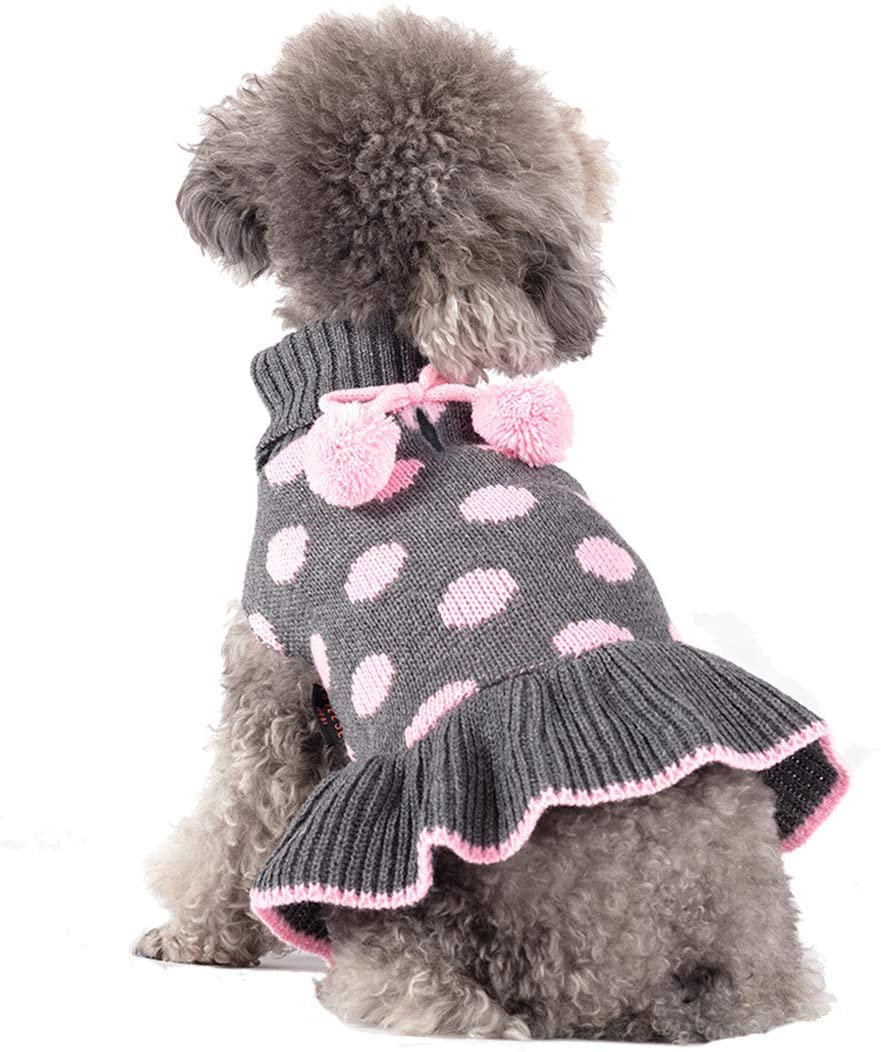 Kyeese Dog Sweaters With Leash Hole Small Turtleneck Dog Sweater Dress For Girl Polka Dot Knit Warm Pet Clothes With Pom Pom Bal