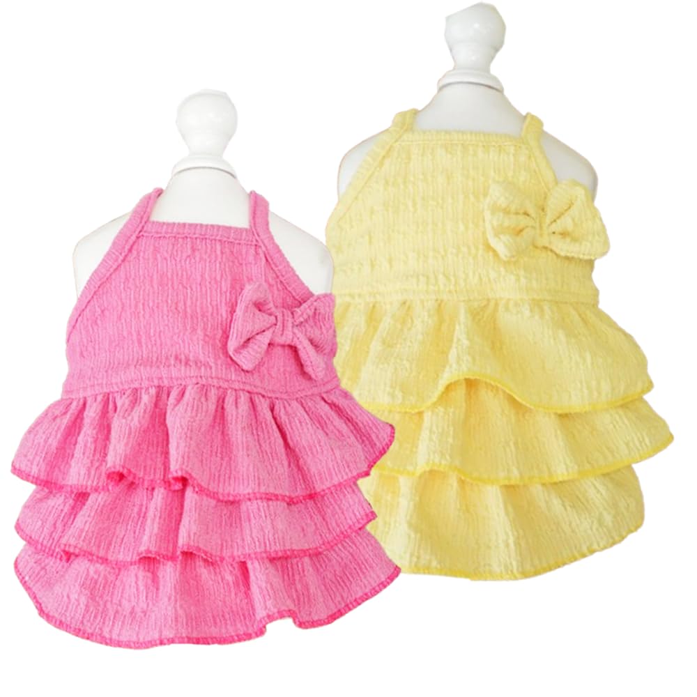 Anelekor 2 Pack Summer Dog Dresses With Bow Girl Puppy Clothes For Small Dog Spring Cat Outfit Sleeveless Pet Tiered Layered Cak