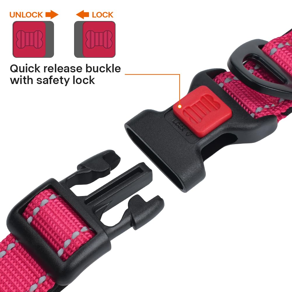 Taglory Reflective Dog Collar With Safety Locking Buckle, Adjustable Nylon Pet Collars For Large Dogs Female Male, Hot Pink, L