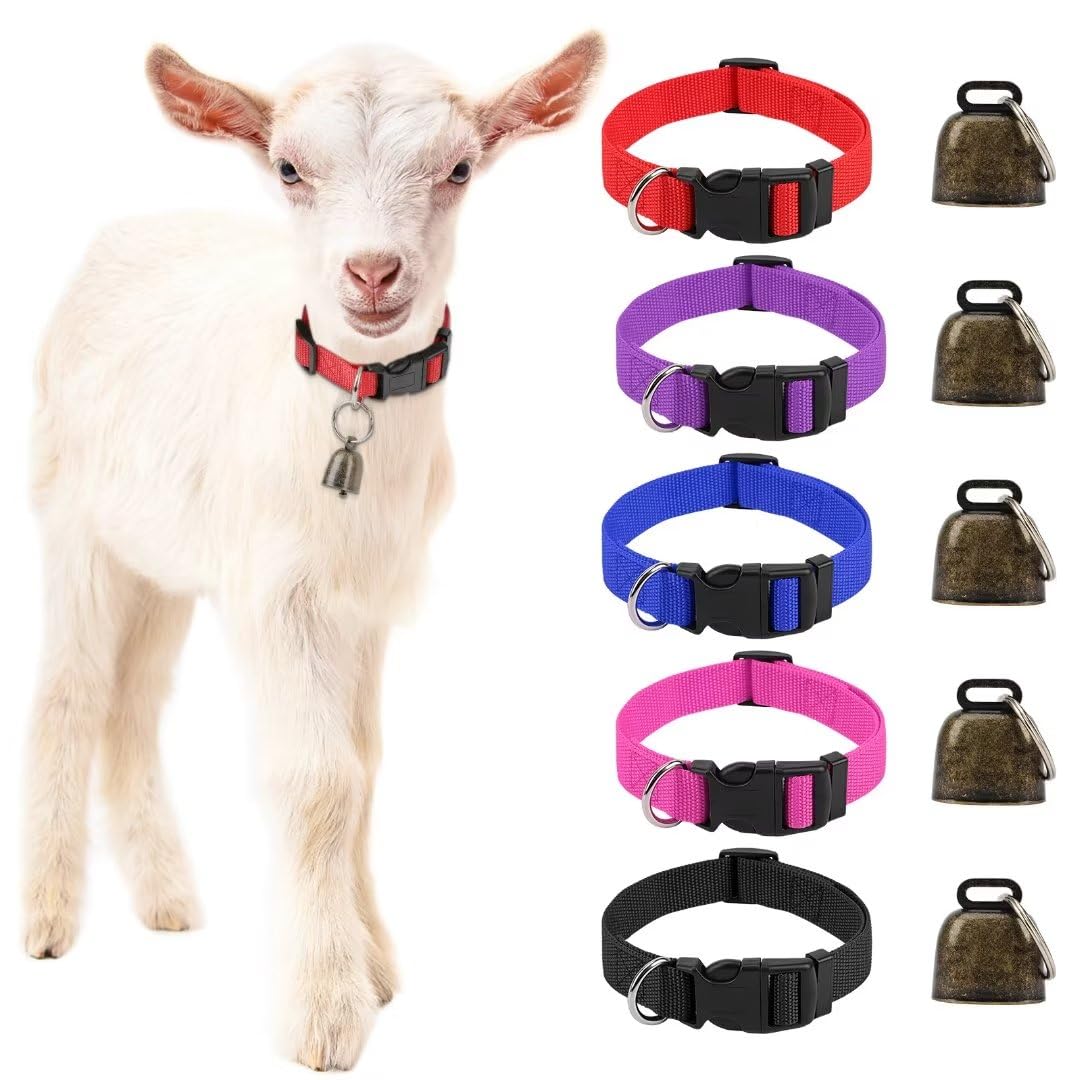 Gindoor 5 Pack Goat Collars With Bells, Horse Sheep Grazing Copper Bells And Adjustable Nylon Collar Set Pet Anti-Lost Loud Bronze Bell For Small Farm Animal Sheep Cow Accessories