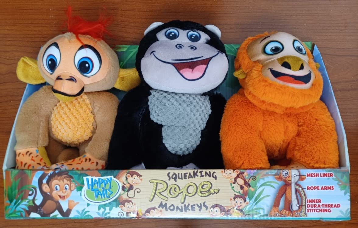 Happy Tails Large Plush Pet Toy Squeaking Rope Monkeys Dog Toys 3-Pack. Each Monkey Measured 9X6X4 Inches.