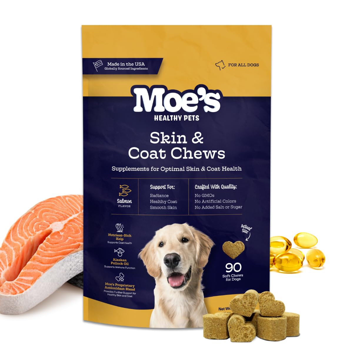 Moes Skin & Coat Omega 3, 6, 9 and Vitamin Supplement for Dogs - 90 Soft Chews for Dog Itching Skin Relief Supports Dryness, & T