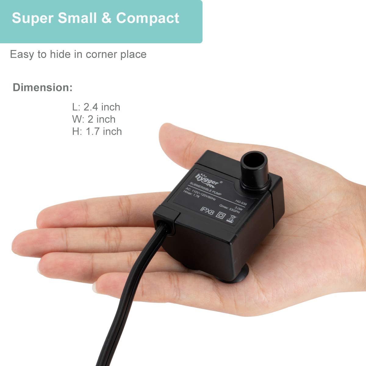 hygger Ultra Quiet 53GPH (200L/H, 3W) Submersible Mini Water Pump Comes with 2 Nozzles, for Aquariums, Fish Tank, Fountain, Hydr