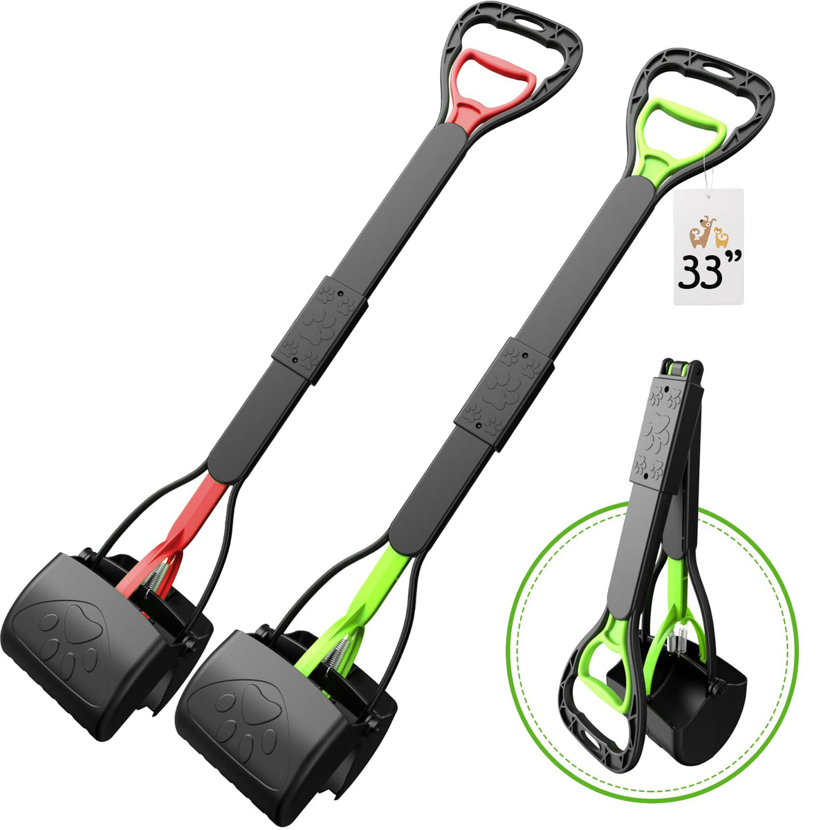 33'' Pooper Scooper 2 Pack, XL Tall Handle No Touch Dog Pooper Scooper for Large Small Dogs, Durable Spring & Lightweight, Large