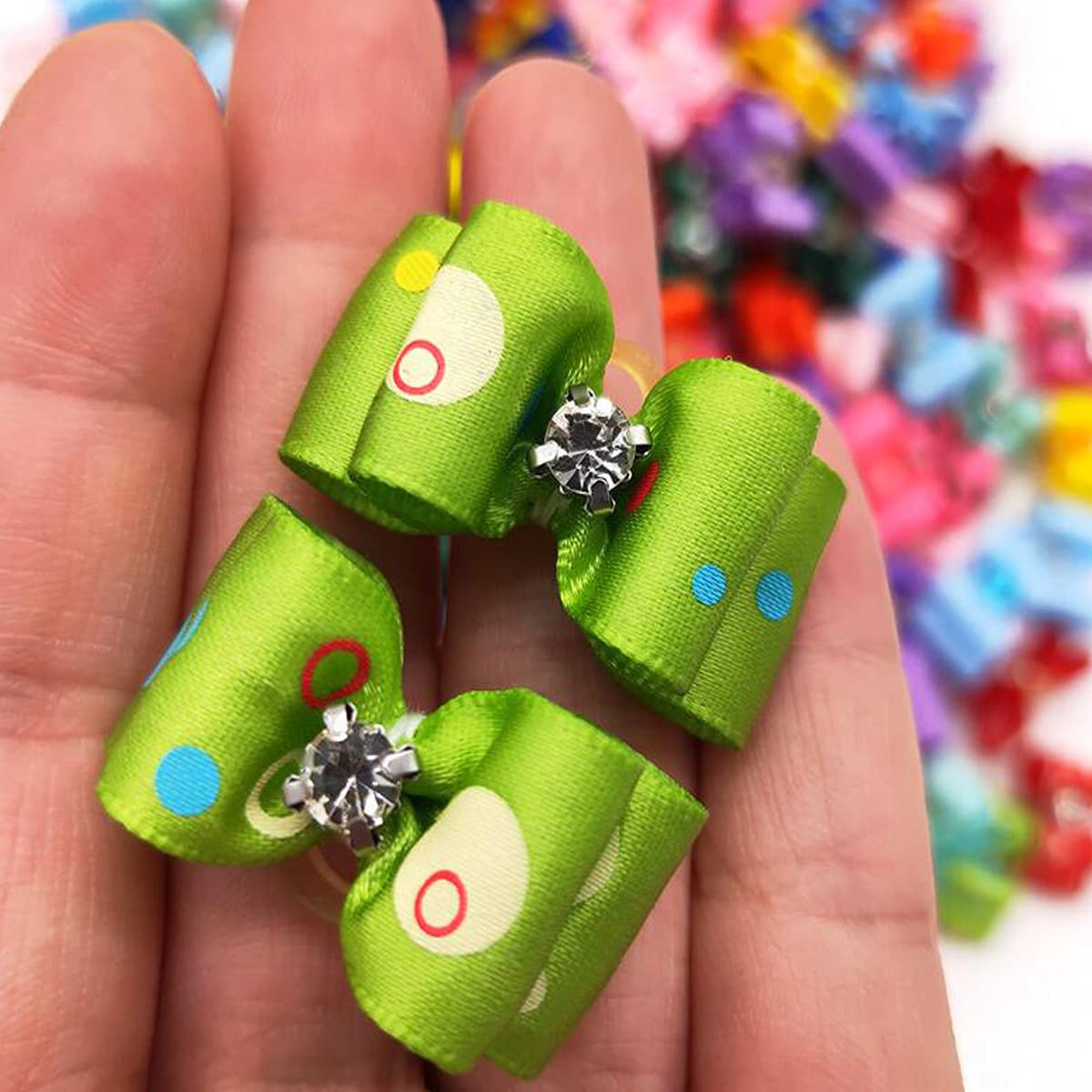 Dog Hair Bows,Fzbnsrko 10 Pcs Dogs/Cats Double Bow With Fake Diamonds Dog Hair Bows With Rubber Bands Small Dog Hair Bowknot Gro