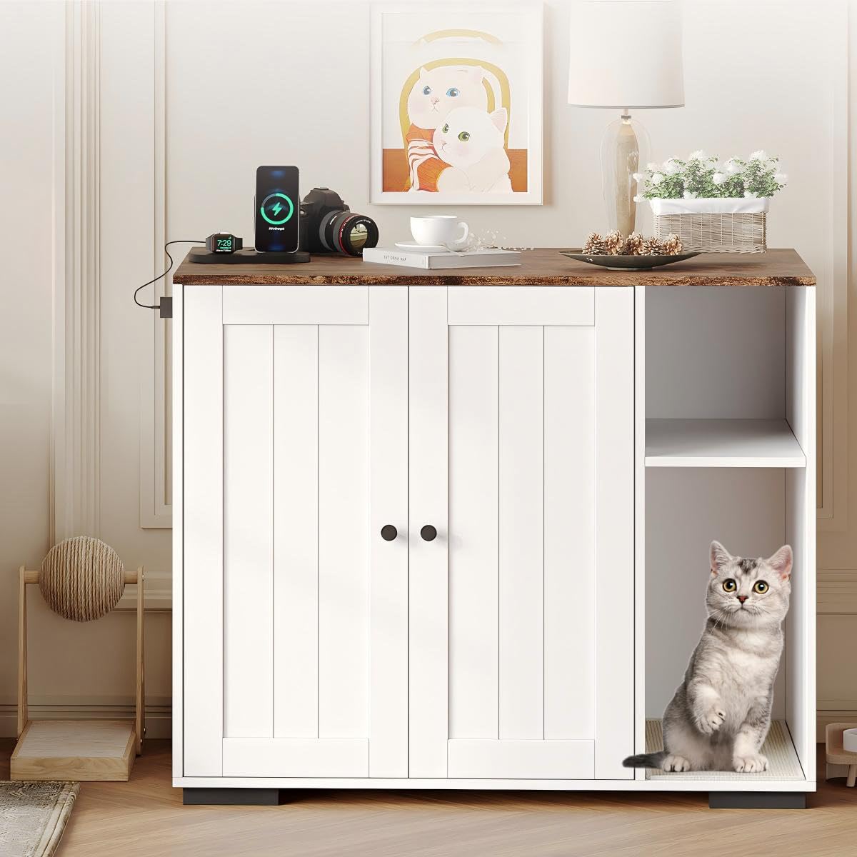 Garvee Large Cat Box Enclosure Furniture, Cat Litterbox Cabinet with Power Outlet 5 ft Power Cord, Dog Proof Shelf, for Most Sel