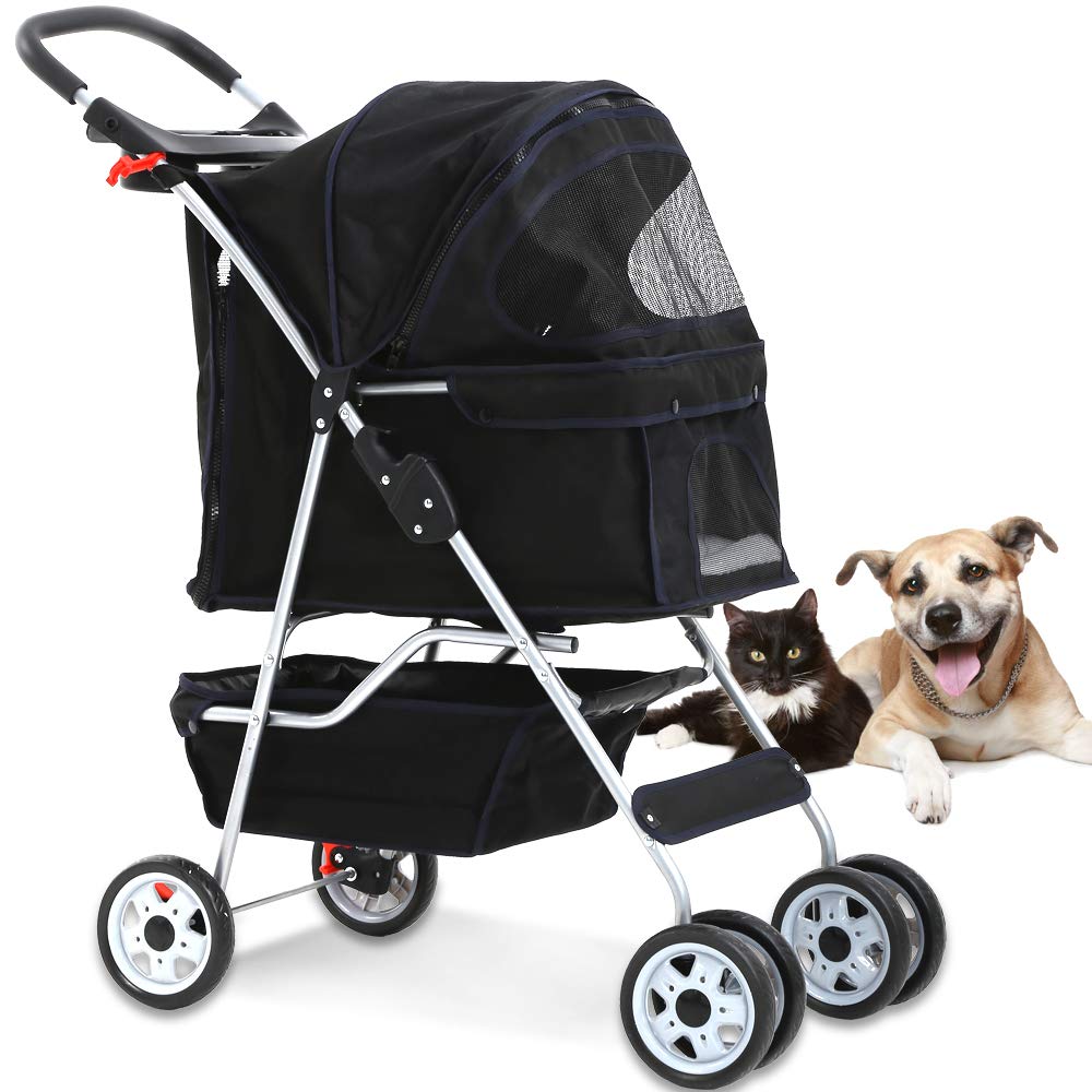4 Wheel Pet Stroller Cat Dog Cage Stroller Travel Folding Carrier with Cup Holder and Removable Lining for Small and Medium Dogs
