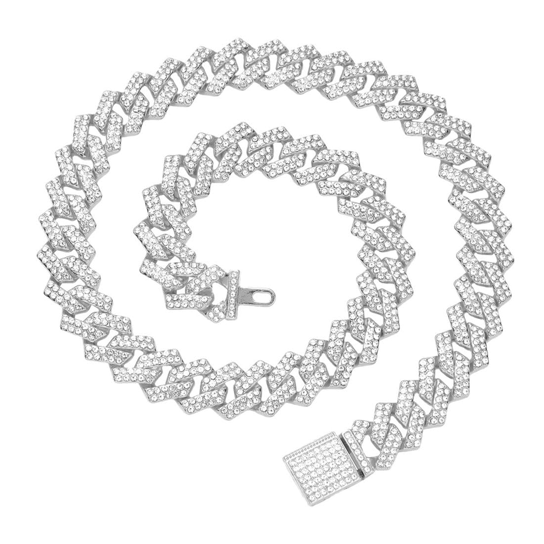 Silver Cuban Link Dog Collars, Bling Dog Necklace Diamond Glitter Rhinestone Puppy Chain For Small Medium Large Pet Dogs, 14-Inc
