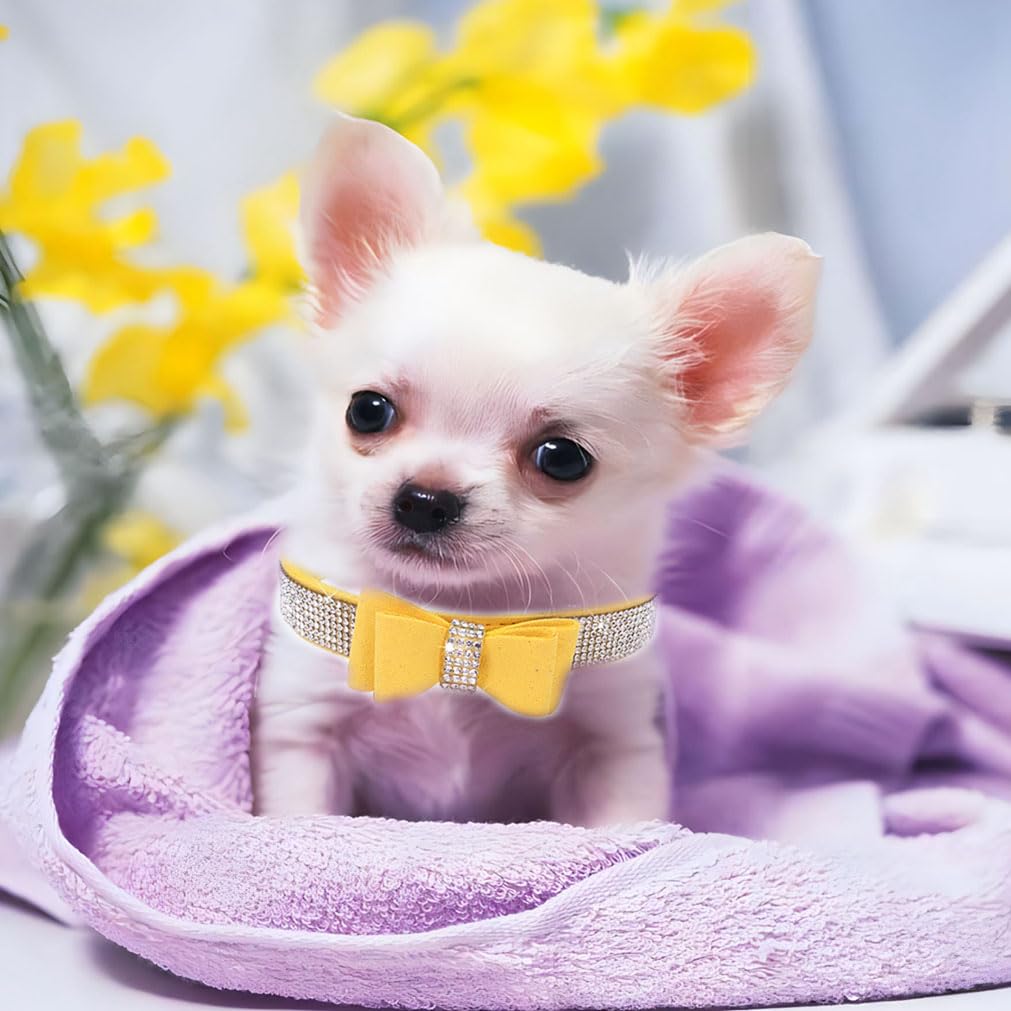 Yellow Bling Dog Collars For Small Dogs,Rhinestone Dog Collar,Diamond Jewel Glitter Sparkly Bedazzled Pet Collars With Bow Adjus