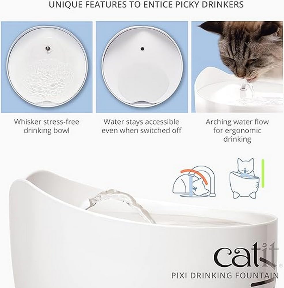 Catit Pixi Drinking Fountain - Cat Water Fountain With Triple Filter And Ergonomic Drinking Options, White