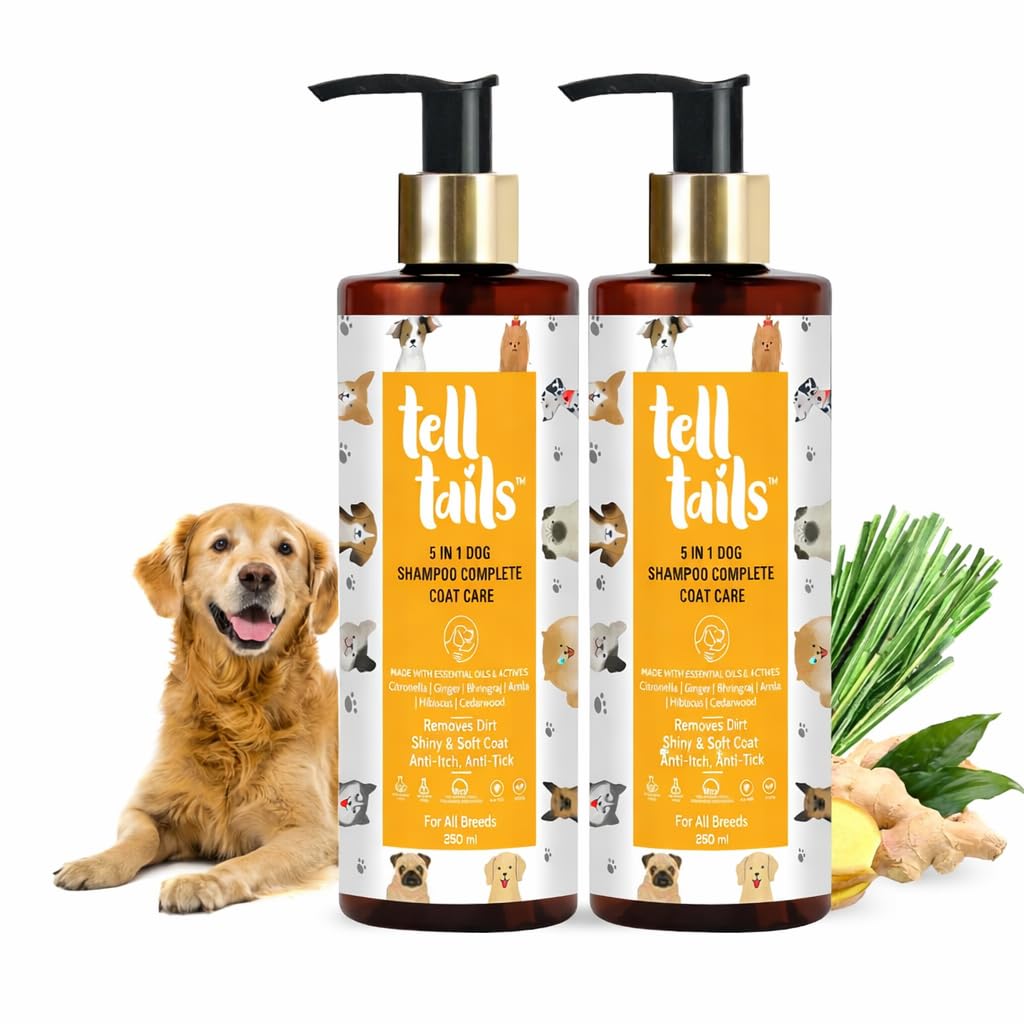 Tell Tails 5-In-1 Natural Dog Shampoo - Pack Of 2 (500Ml) - Flea, Tick & Odor Removal - Moisturizes, Heals & Shine - Anti-Fungal
