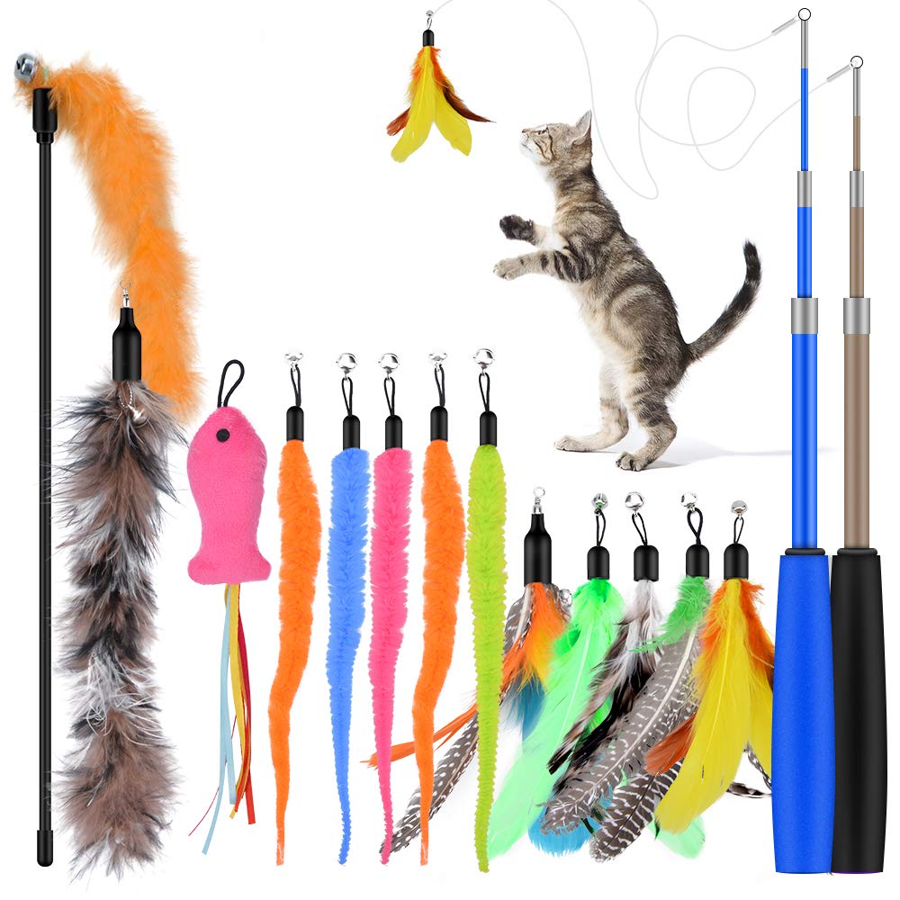 Qoosea Cat Feather Toys, 2Pcs Retractable Cat Wand Toy And 13Pcs Replacement Teaser With Bell Refills, Interactive Cat Wand For 