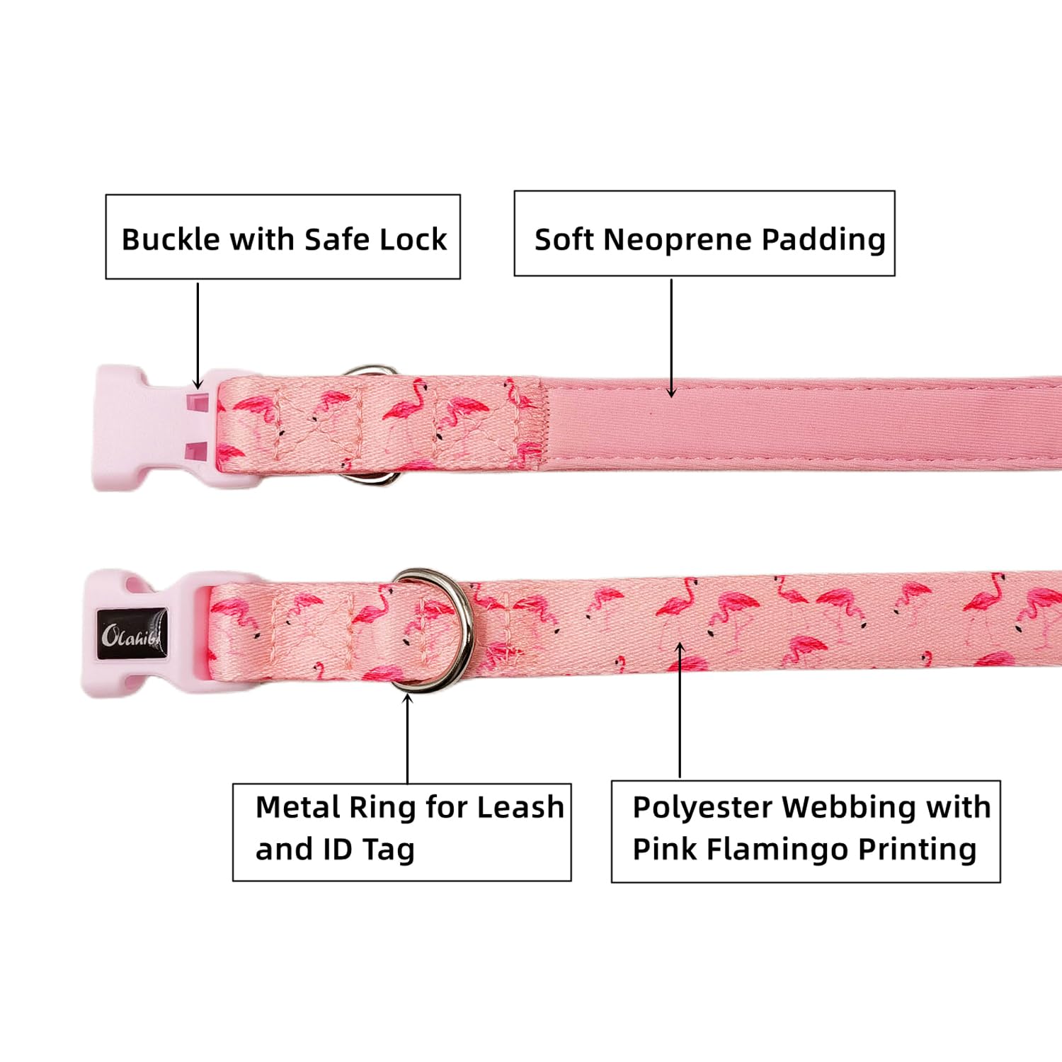 Olahibi Neoprene Padded Dog Collar, Soft And Comfortable, Flamingo Pattern, For Large Dogs.(Large, Pink Flamingo)