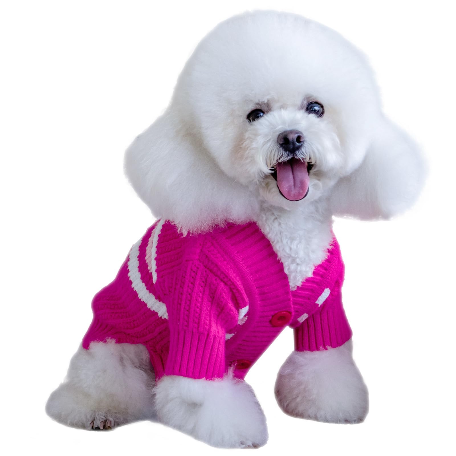Cutebone Dog Striped Cardigan Sweater, Knitted Pink Dog Winter Clothes For Small Dogs Cat Boy Girl, V-Neck Pet Outfit, X-Small S
