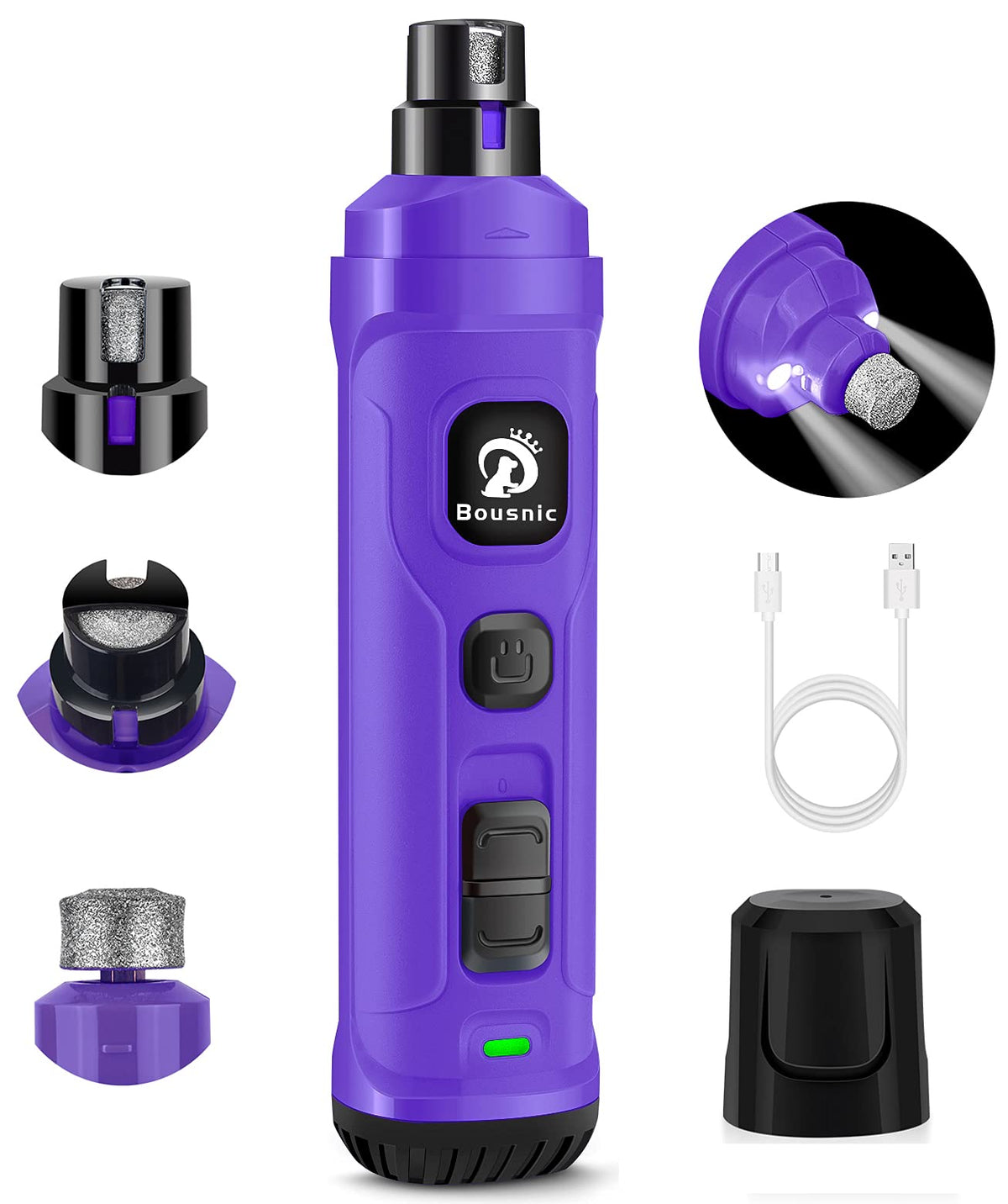 Bousnic Dog Nail Grinder With 2 Led Light - Super Quiet Pet Nail Grinder Powerful 2-Speed Electric Dog Nail Trimmer File Toenail Grinder For Puppy Small Medium Large Breed Dogs & Cats (Purple)