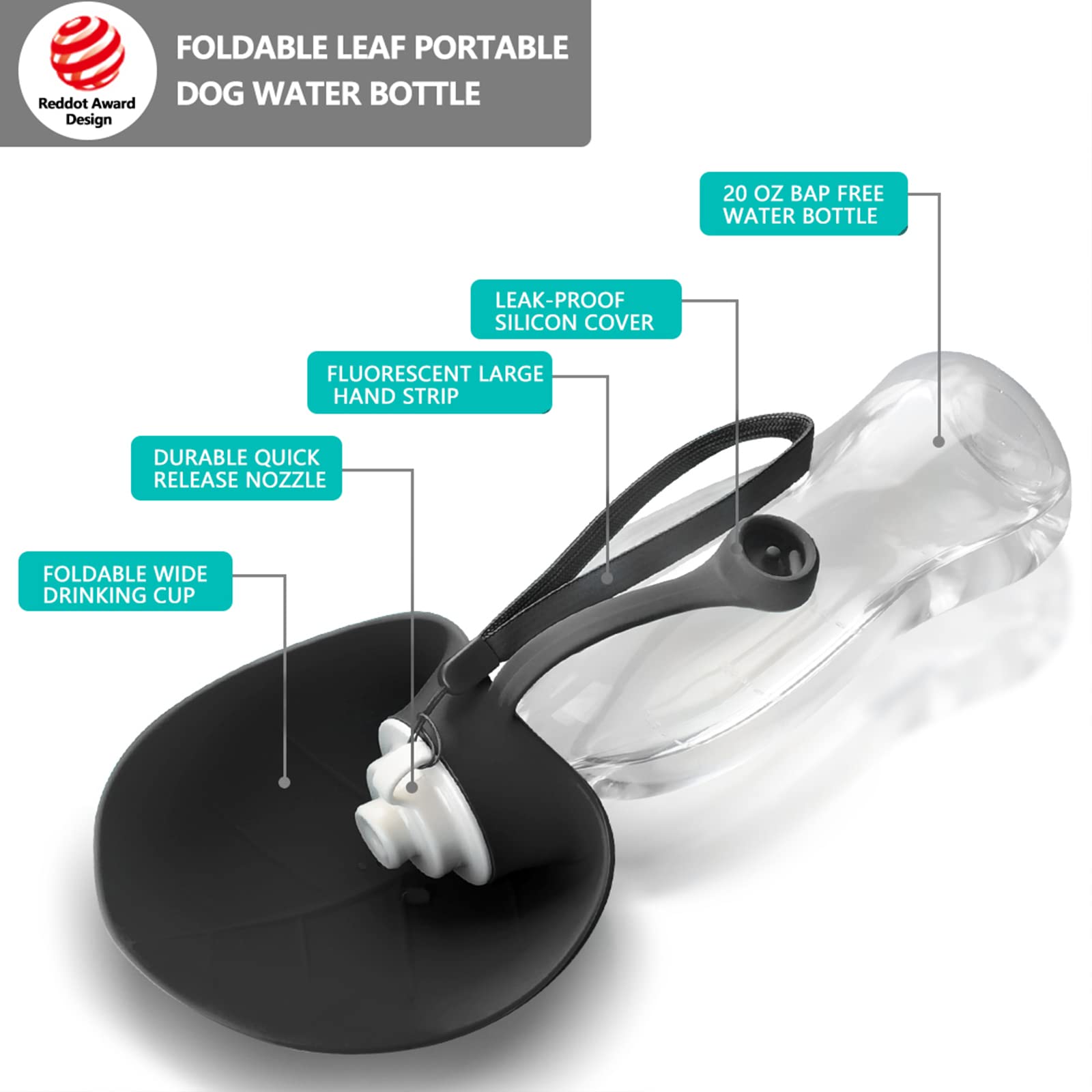 Tiovery Dog Water Bottle, Portable Pet Water Dispenser Feeder Leak Proof With Drinking Cup Dish Bowl For Outdoor Walking, Hiking, Travel, 20Oz Water Bottle Fit For Small To Large Dogs And Cats Black