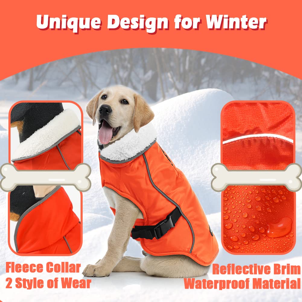 EMUST Dog Coat Winter, Waterproof Pet Snow Jacket for Winter, Adjustable Small/Medium/Large Dog Coat, Orange, L