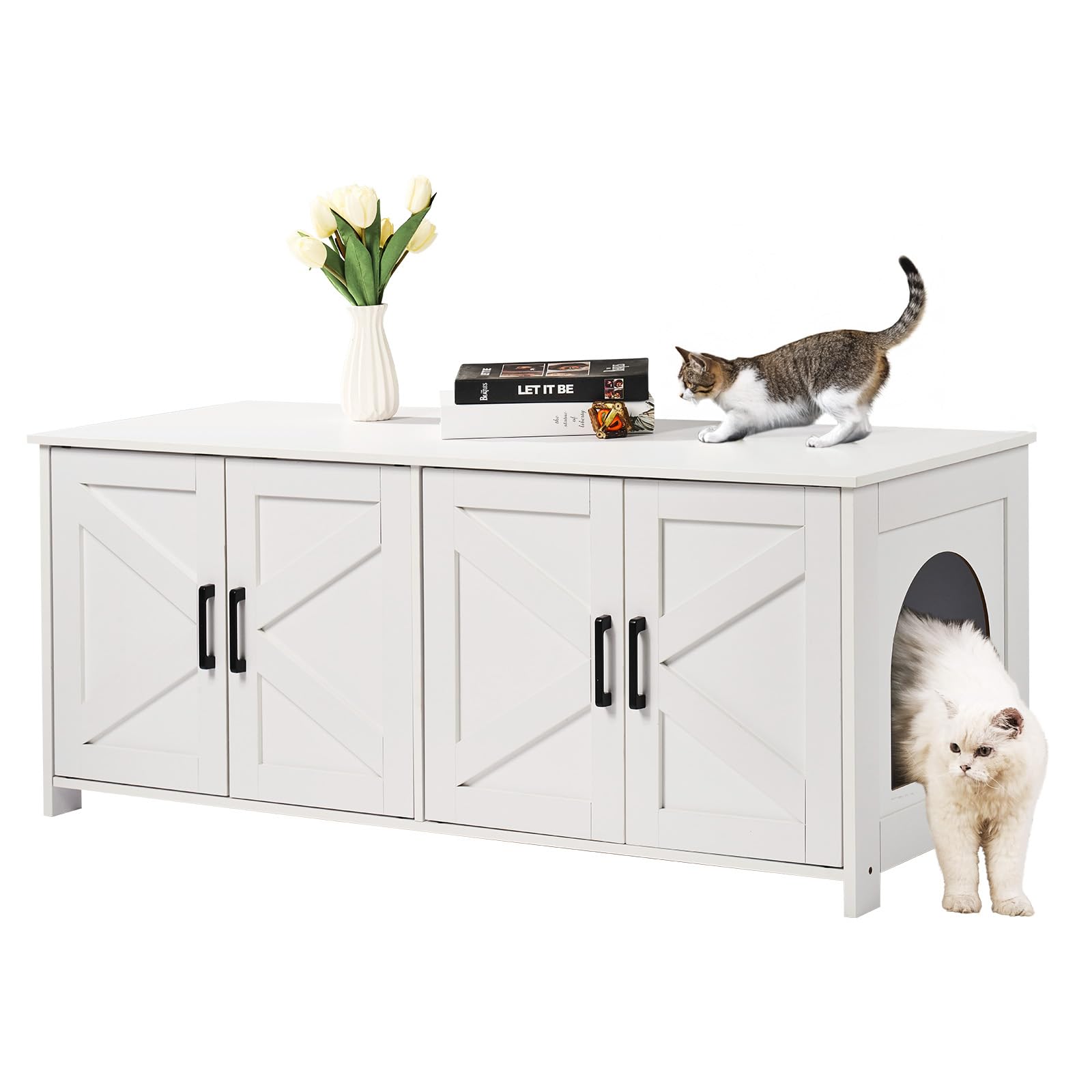 Vevor Cat Litter Box Enclosure For 2 Cats, Litter Box Furniture Hidden With Double Rooms, Wooden Cat Box Cabinet Fit Most Of Litter Box, 47.2' L X 18.5' W X 19.7' H, White