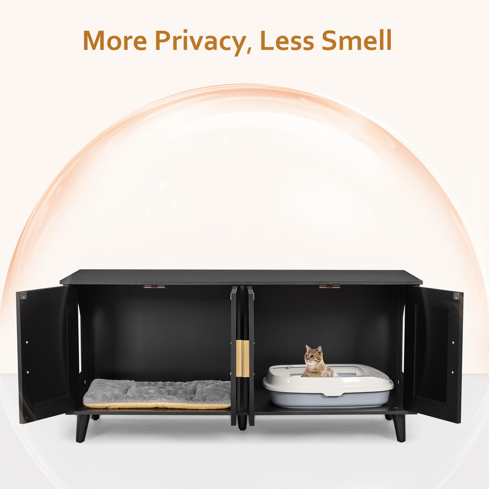 Homhedy Boho Cat Litter Box Enclosure For 2 Cats, Wooden Cat Washroom Furniture With Double Rattan Decorated Doors, Pet House,47