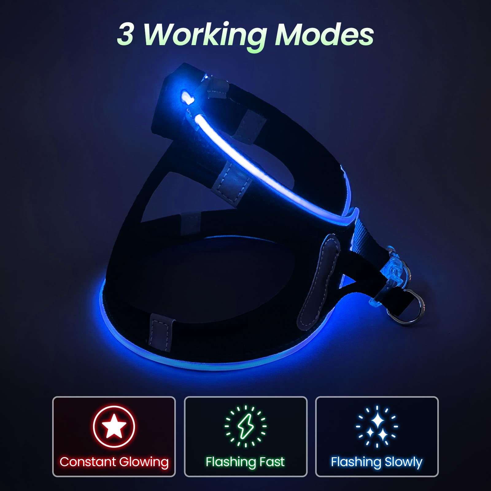 Pceotllar Light Up Led Dog Harness - Rechargeable No Pull Reflective, Flashing For Night Walking (Blue, Xs)