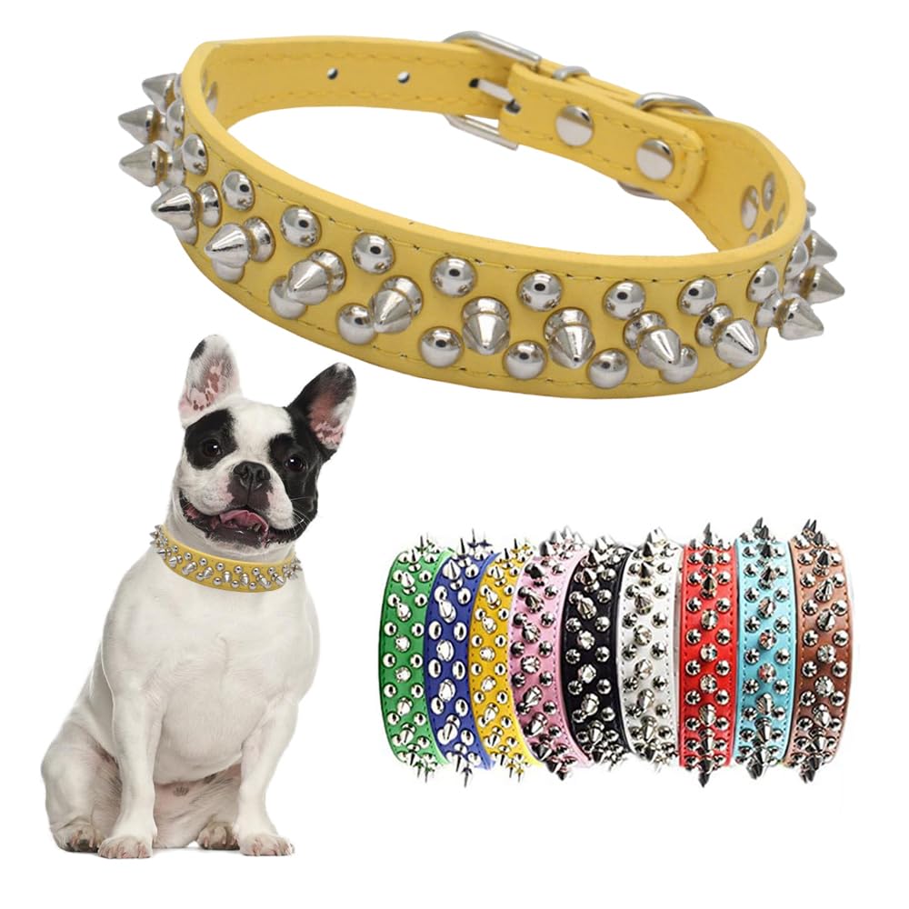 Yellow Dog Spike Collars,Mushroom Rivet Spike Puppy Collars Girls Boys Leather Studded Cat Collar Adjustable Metal Buckle Durabl
