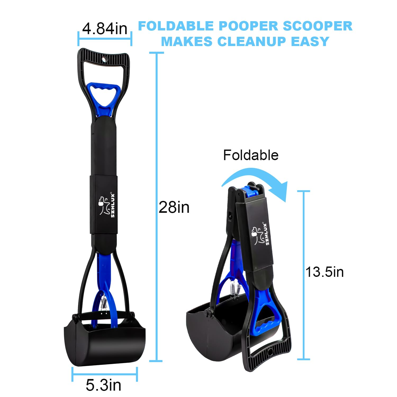 Szhlux 28' Pooper Scooper, Foldable Dog Pooper Scooper With Unbreakable Material And Durable Spring For Grass And Gravel, Blue