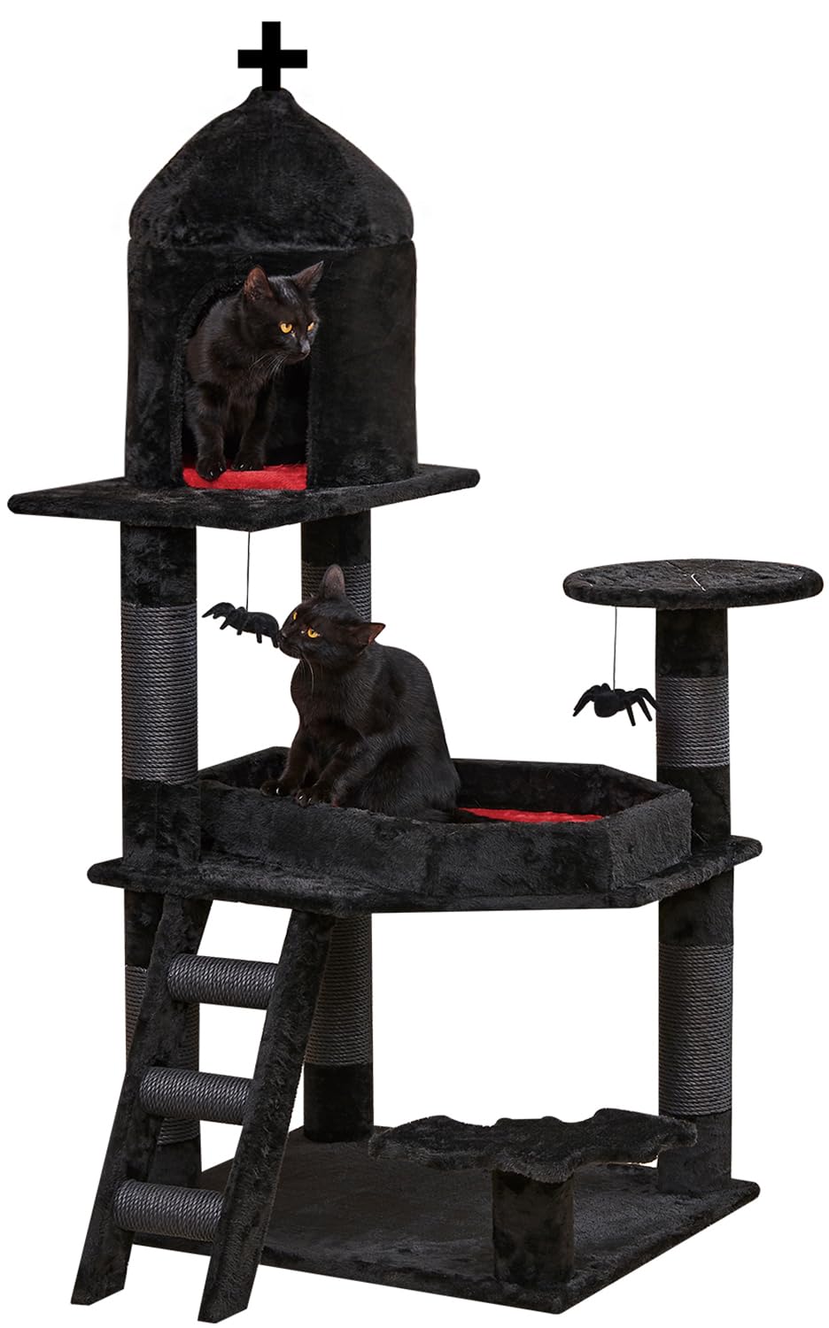Yaruomy Gothic Cat Tree With Coffin Bed，55' Cat Tower With Spacious Cat Condo，Scratching Posts，Spider Hanging Ball，Multi-Level Cat Activities Furniture For Large Cats, Black Halloween
