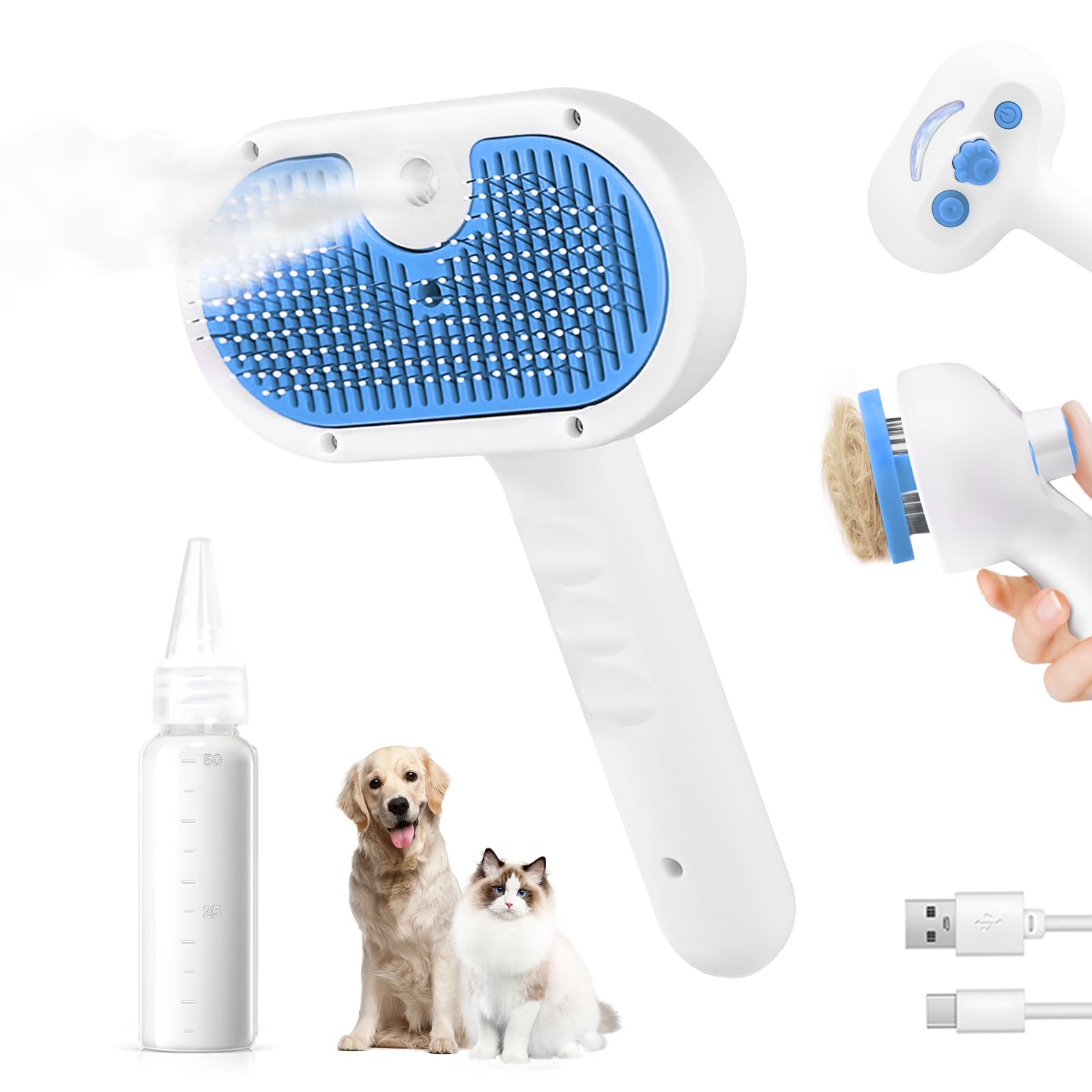 Pet Steam Brush for Dog & Cat - 3-in-1 Steam Grooming Brush for Shedding & Hair Removal - Self Cleaning Spray Comb with Mist for
