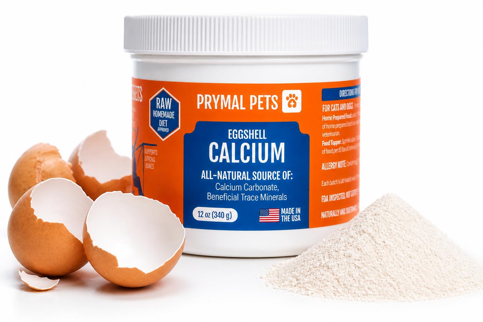Prymal Pets Eggshell Calcium for Pets - 12 oz. Natural, Ultra-Pure Egg Shell Mineral Powder Supplement for Cats and Dogs - High 