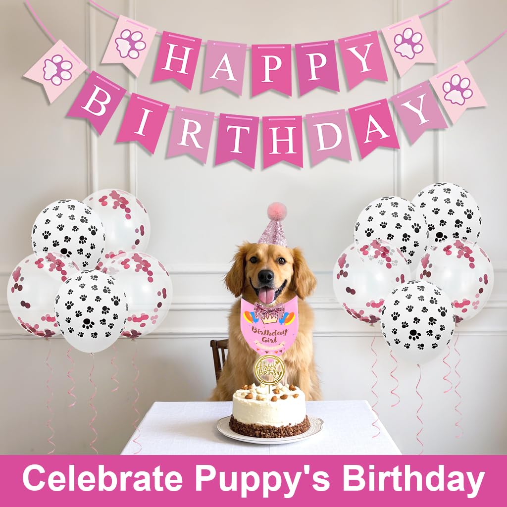 Enmaipet Dog Birthday Party Supplies, Dog Girl Birthday Bandanas Set, Pet Birthday Hat With Scarf, Birthday Banner, Balloons And