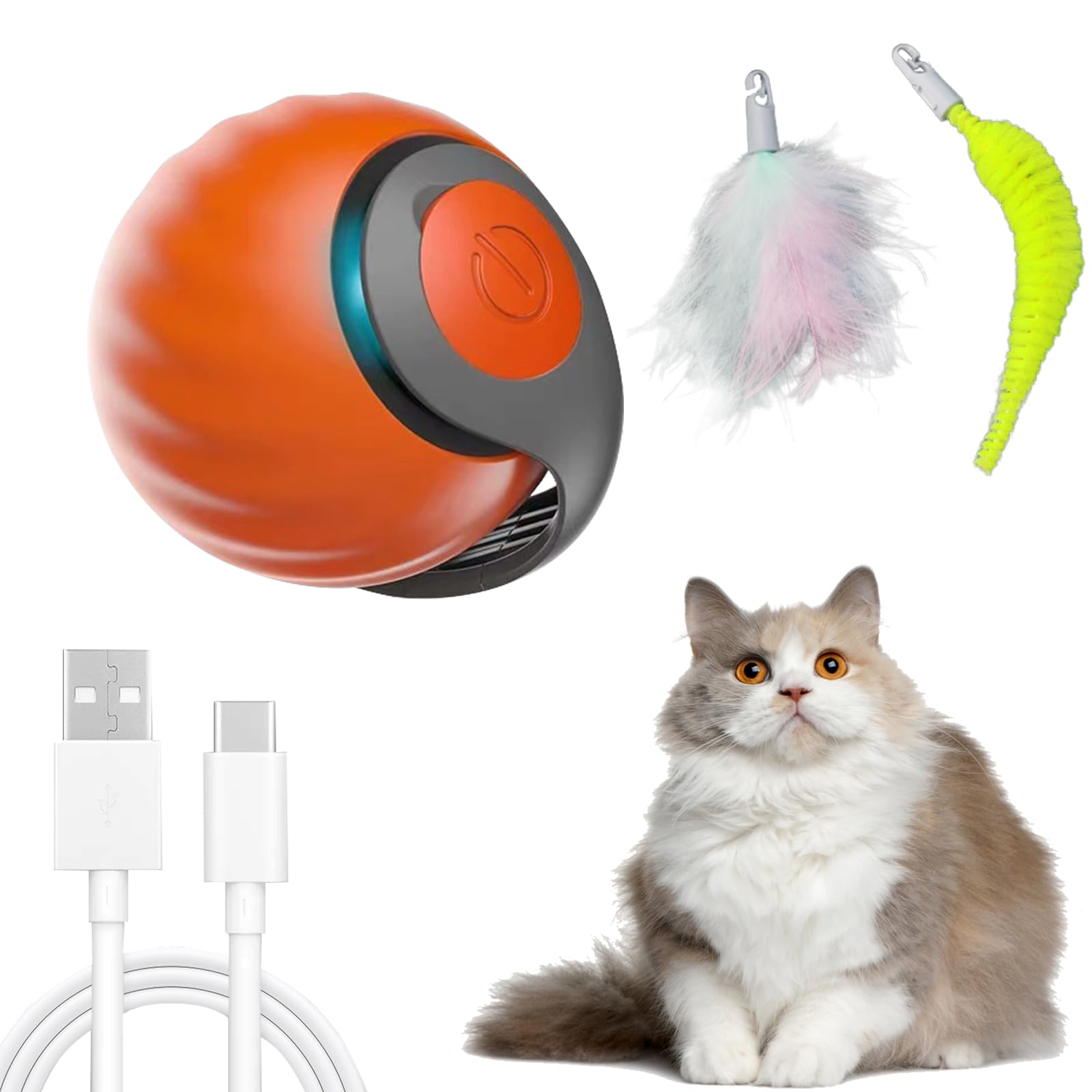Oiuyamn Interactive Cat Toy Ball, Automatic Moving Cats Ball Toy With Feather, Indoor Smart Cat Toys, Motorised Cats Balls Toy F