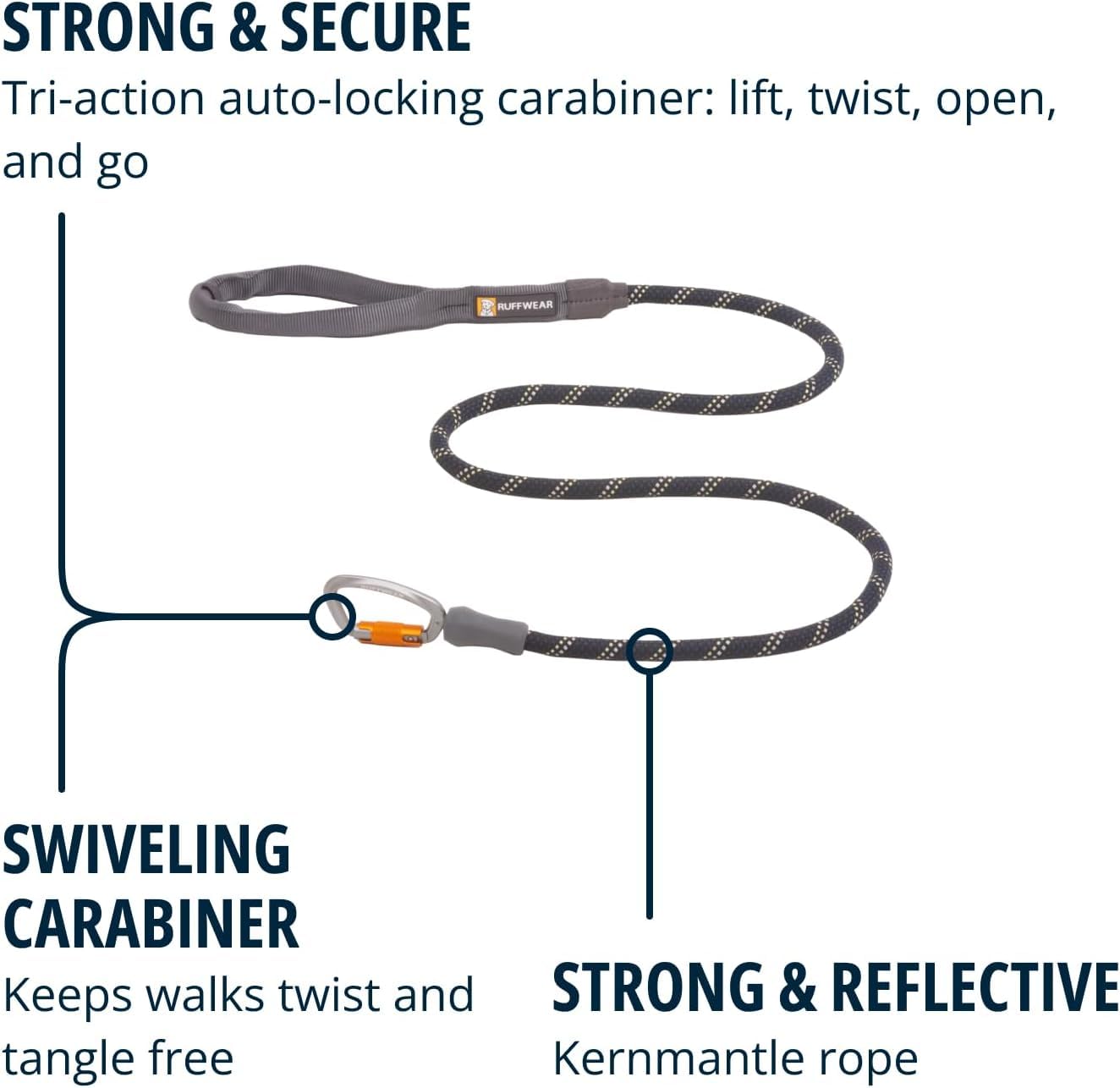 Ruffwear, Knot-A-Leash, Reflective Rope Dog Leash With Swiveling Carabiner, Obsidian Black, Small