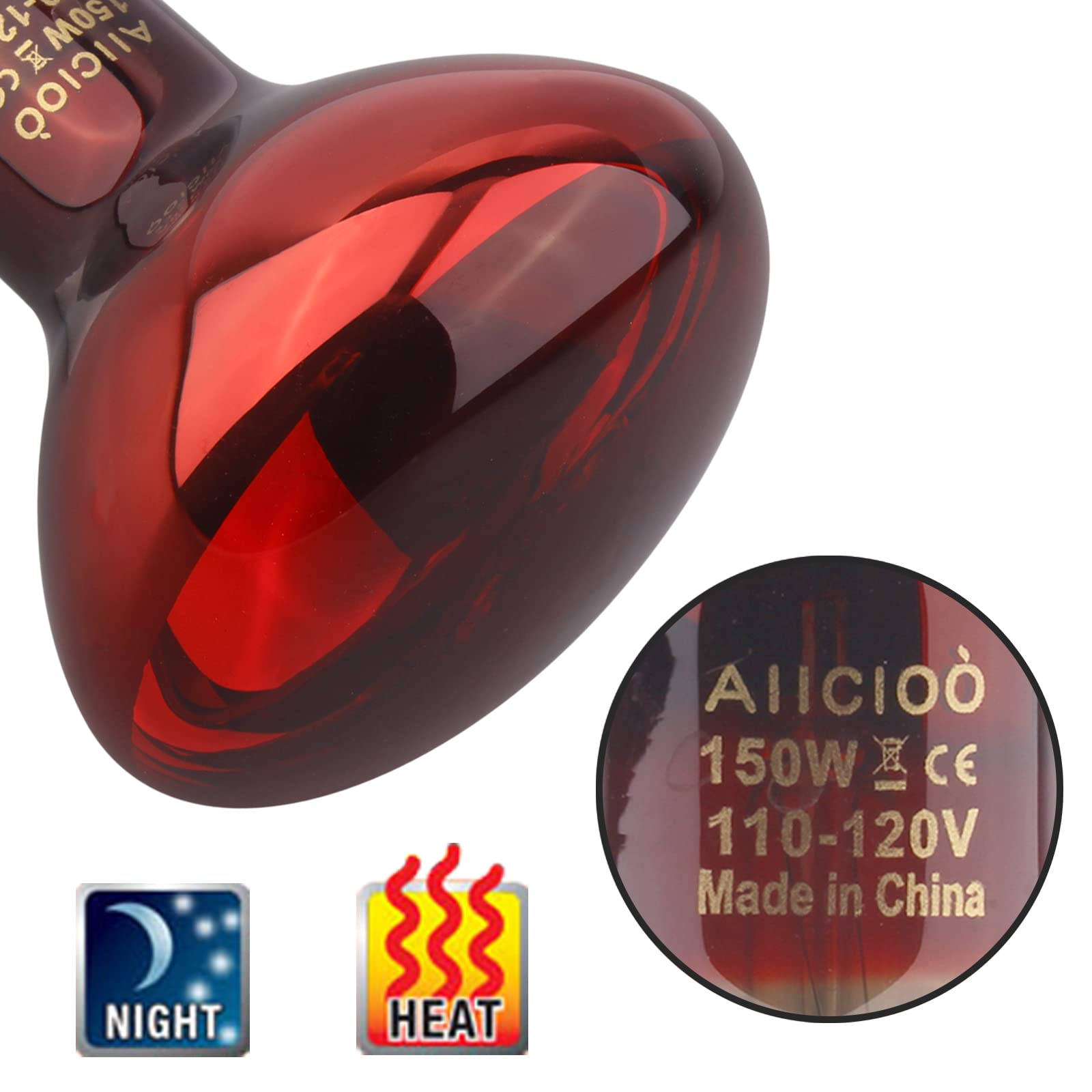 Aiicioo Reptile Red Night Light Bulb - 150W Reptile Heat Lamp Bulb Infrared Basking Spot Lamp For Bearded Dragon Lizard Turtle H