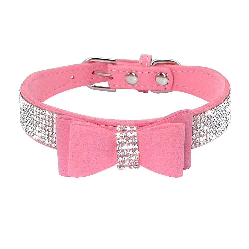 Beirui Rhinestone Bling Leather Dog & Cat Collar - Flocking Sparkly Crystal Diamonds Studded - Cute Double Bowknot For Pet Show & Daily Walking,Pink,Xs Neck Fit 8-10'