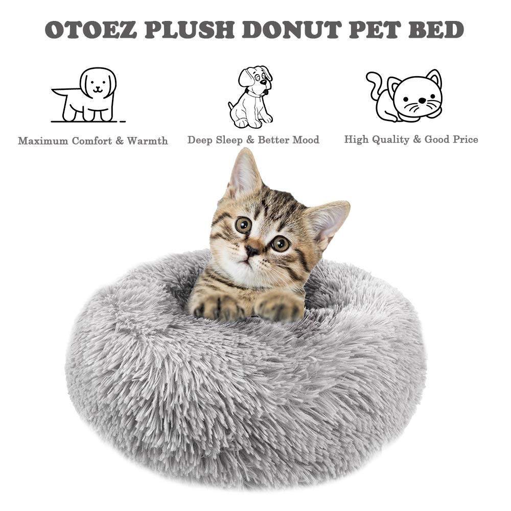 Otoez Round Plush Donut Pet Bed Warm Fur Cuddler Dog Cat Cushion Bed Calming Bed Non-Slip Bottom (15.7', Light Grey)