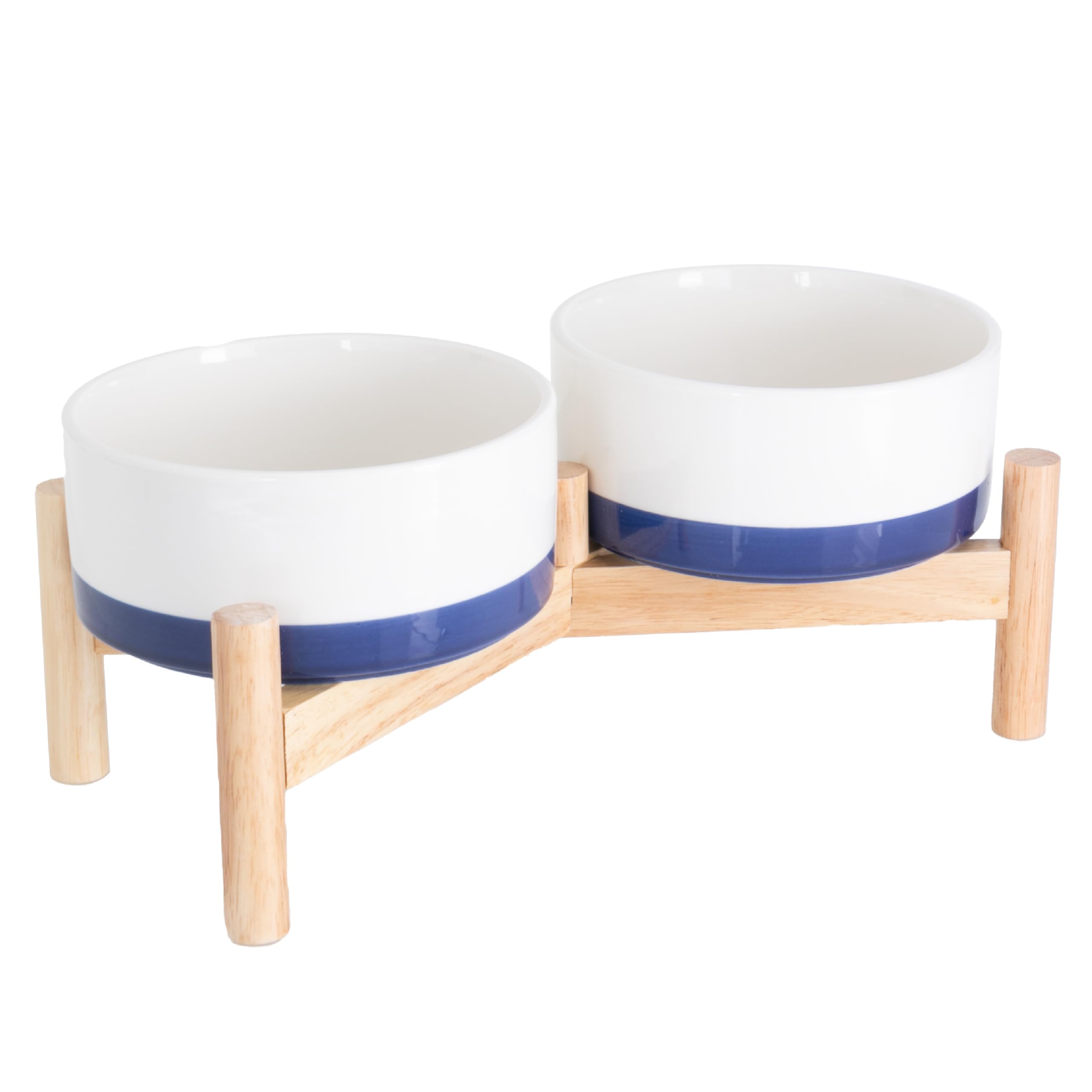 Ilyapa Ceramic Dog Bowls - Elevated for Medium Sized Pet with Raised Food and Water Set - Blue Double 6 inch, 28 Oz Bowls & 13x6